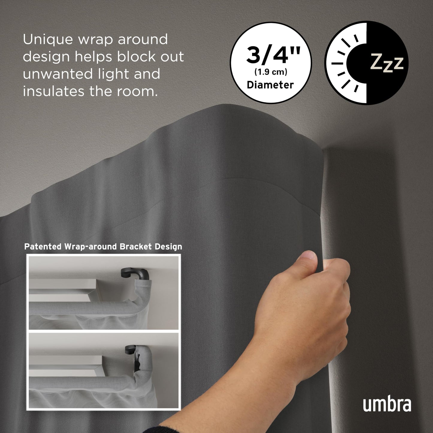 Umbra Twilight Curtain Rod Set – Wrap Around Design Ideal for Blackout or Room Darkening Panels, 30 to 84 Inches, Black