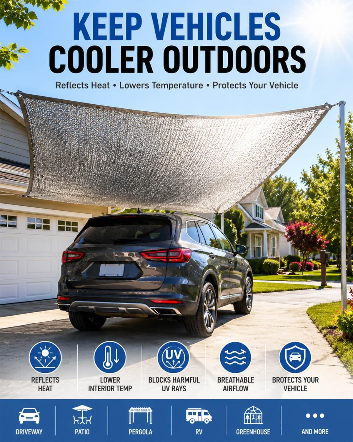 vensovo 95% Aluminet Shade Cloth - 10x14FT Reflective Aluminium Shade Netting Sun Shade Cover with Grommets for Cars, Dogs, Outdoor, RV, Patio