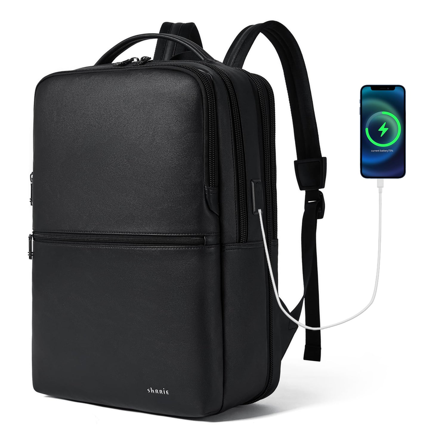 Vegan Leather Laptop Backpack for Women&Men,16 Inch Expandable Backpack with USB Charging Port,Two-toned Black