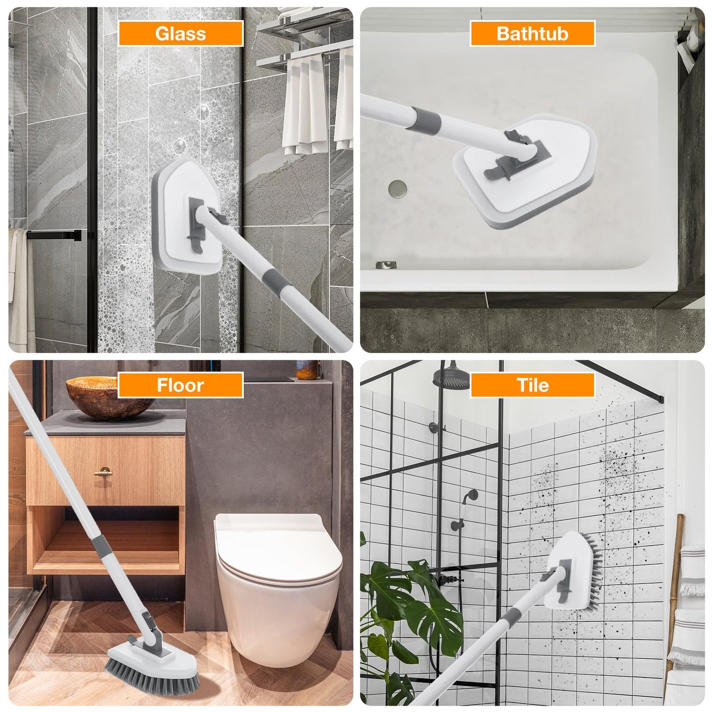 4 in 1 Shower Scrubber Cleaning Brush, Tub and Tile Scrubber with Long Handle, Grout Brush Stiff Bristles Scrub Sponge Brushes Microfiber Pad, for Toilet Bathroom Kitchen Wall Floor Glass Bathtub Sink