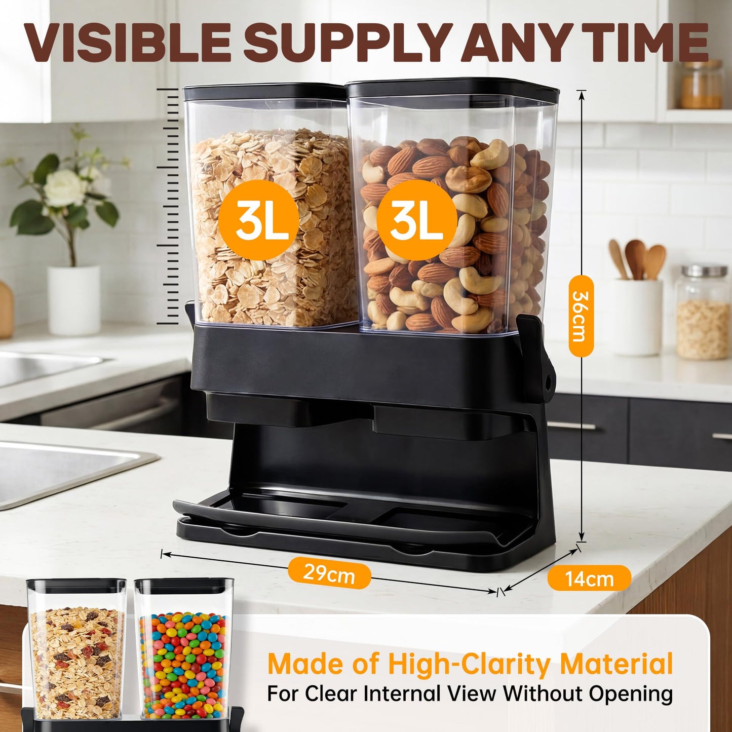 Adorabby Cereal Dispenser Countertop 2 Pack, Double 3L Airtight Cereal Storage Container for Kitchen Pantry, Large Capacity Clear Dry Food Organizer For Cereal, Nuts, Coffee Beans, Pet Food