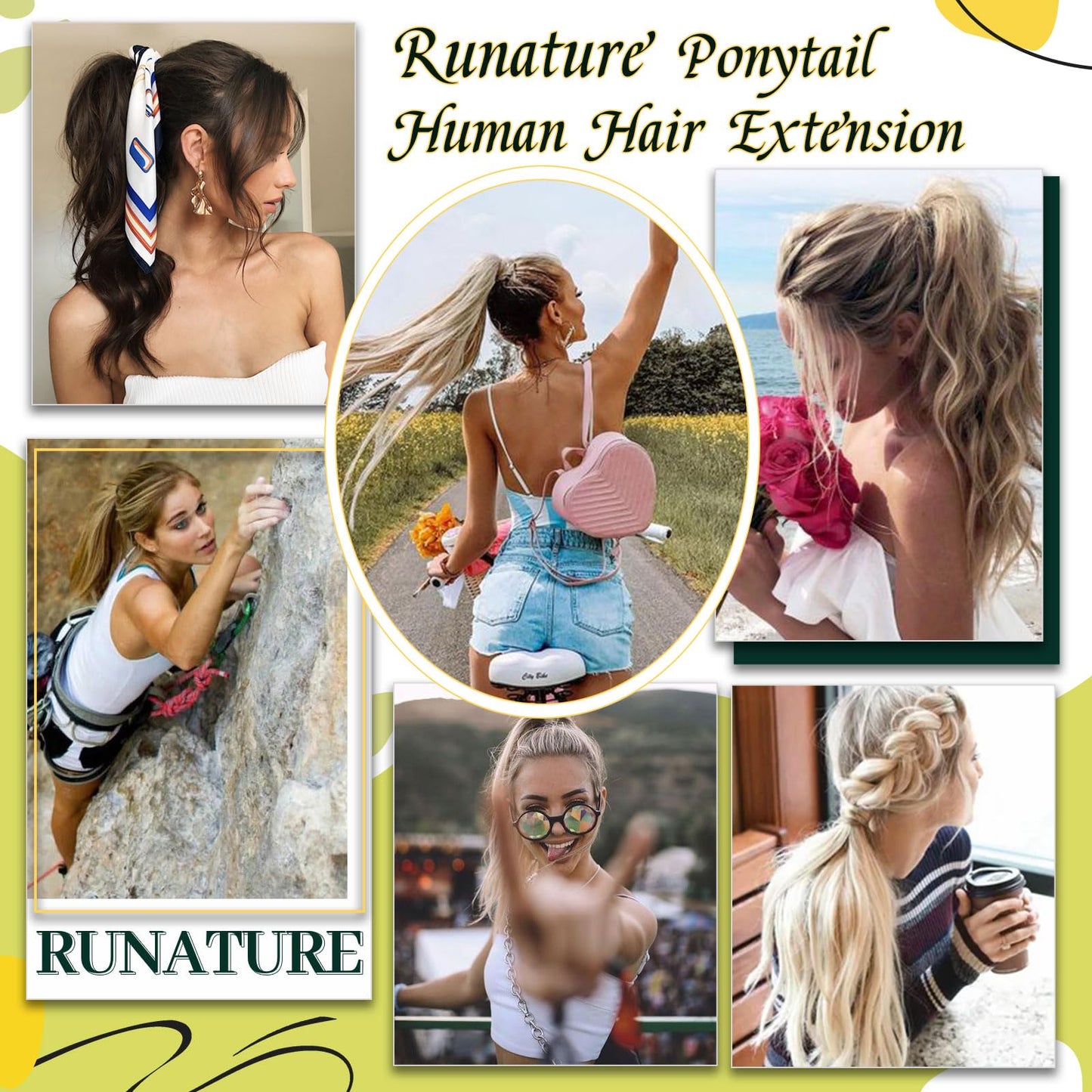 RUNATURE Human Hair Ponytail Clip in Extensions 12 Inch Straight Hair Wrap Around Ponytail Extensions Light Brown Highlighted Blonde Ponytails Remy Hair Extensions for Women 70g