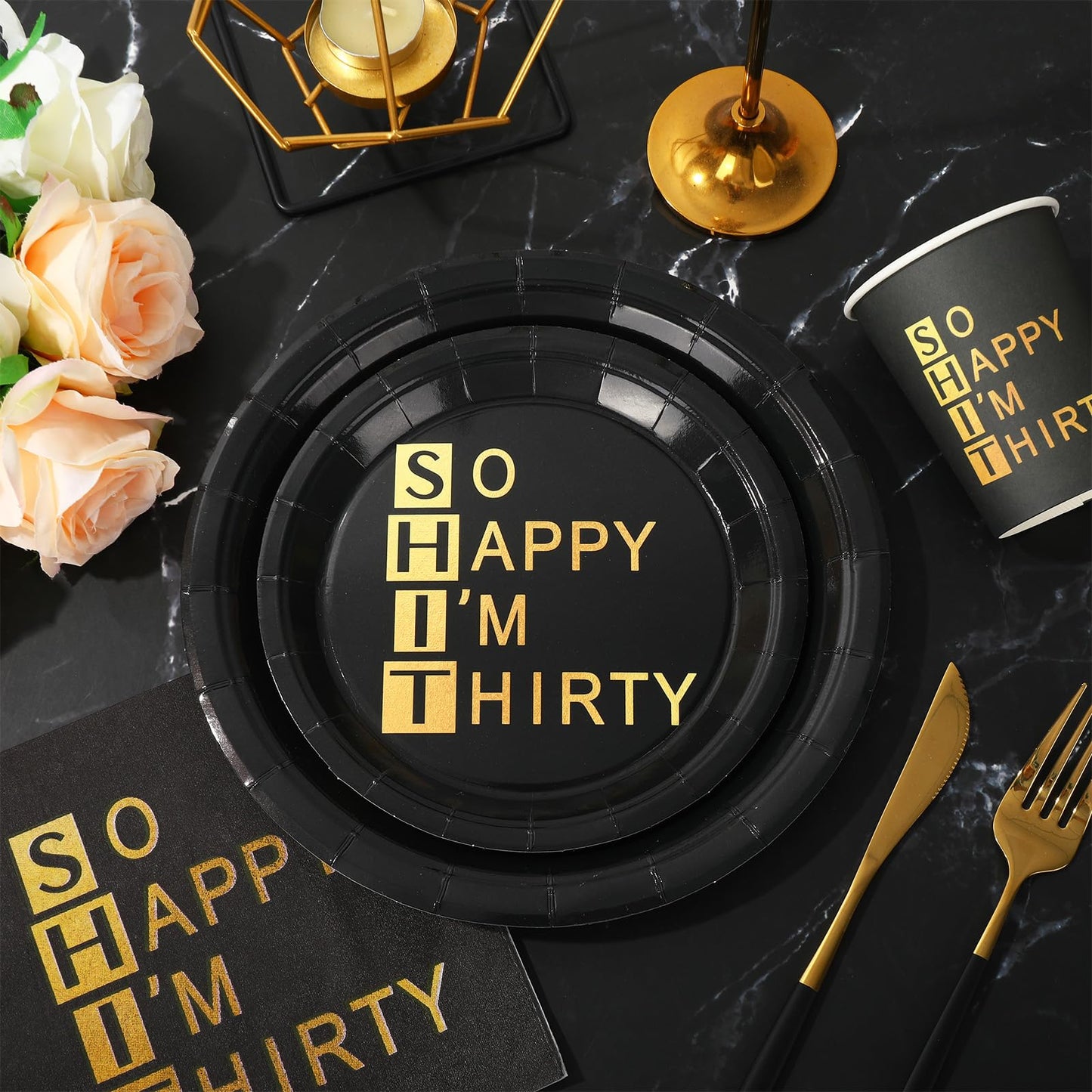 Whaline 96Pcs 30th Birthday Party Supplies Kit Black Gold Paper Tableware Plate Napkin Cup So Happy I'm Thirty Disposable Dinnerware Set for 24 Guests Party Table Decor