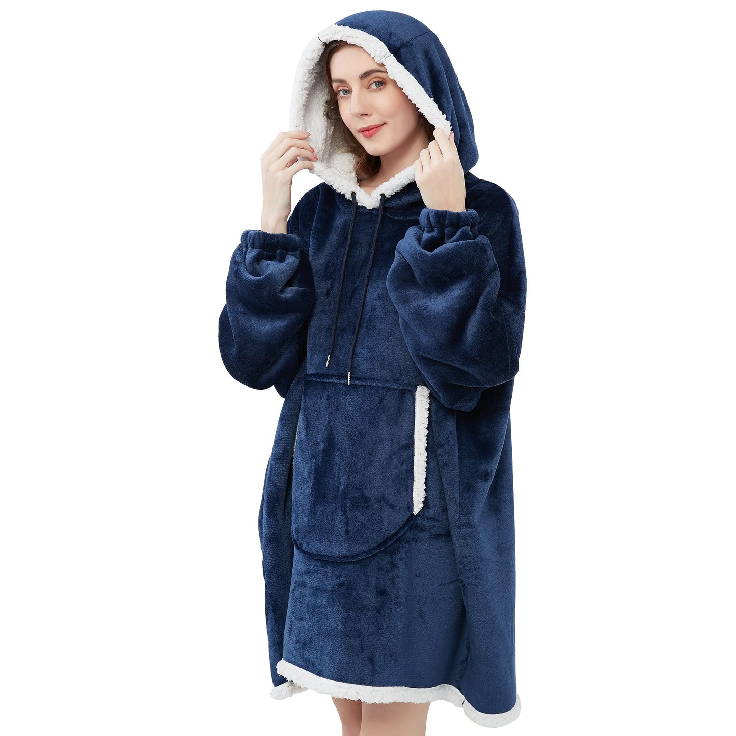 Viviland Hoodie Sherpa Blanket Sweatshirt Soft Warm Plus Large Front Pocket Tv Blankets for Adult, Navy Blue