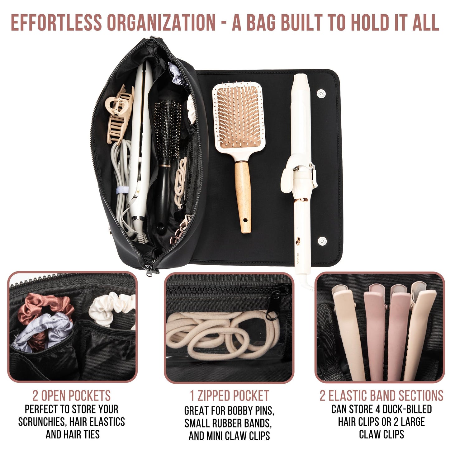 BAREFOOT CARIBOU Hair Tools Travel Bag and Heat Resistant Mat for Flat Irons, Straighteners, Curling Iron, and Haircare Accessories, 2-in-1 Design, with Interior Pockets, Portable Organizer (Black)