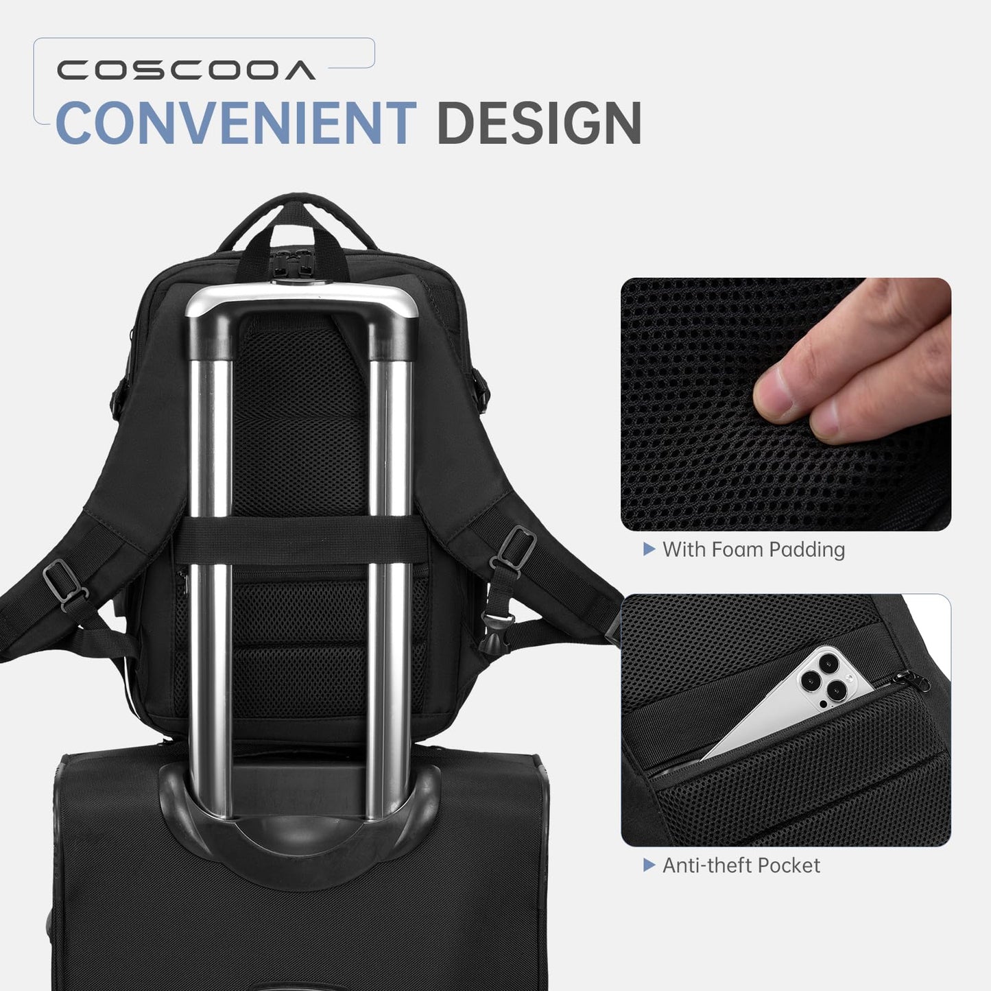 COSCOOA Expandable Travel Backpack 20-30L,United Airlines Personal Item Bag 17x10x9 inch, Ryanair 40x20x25 CM Carry on Bag, Black, 40x25x20 cm