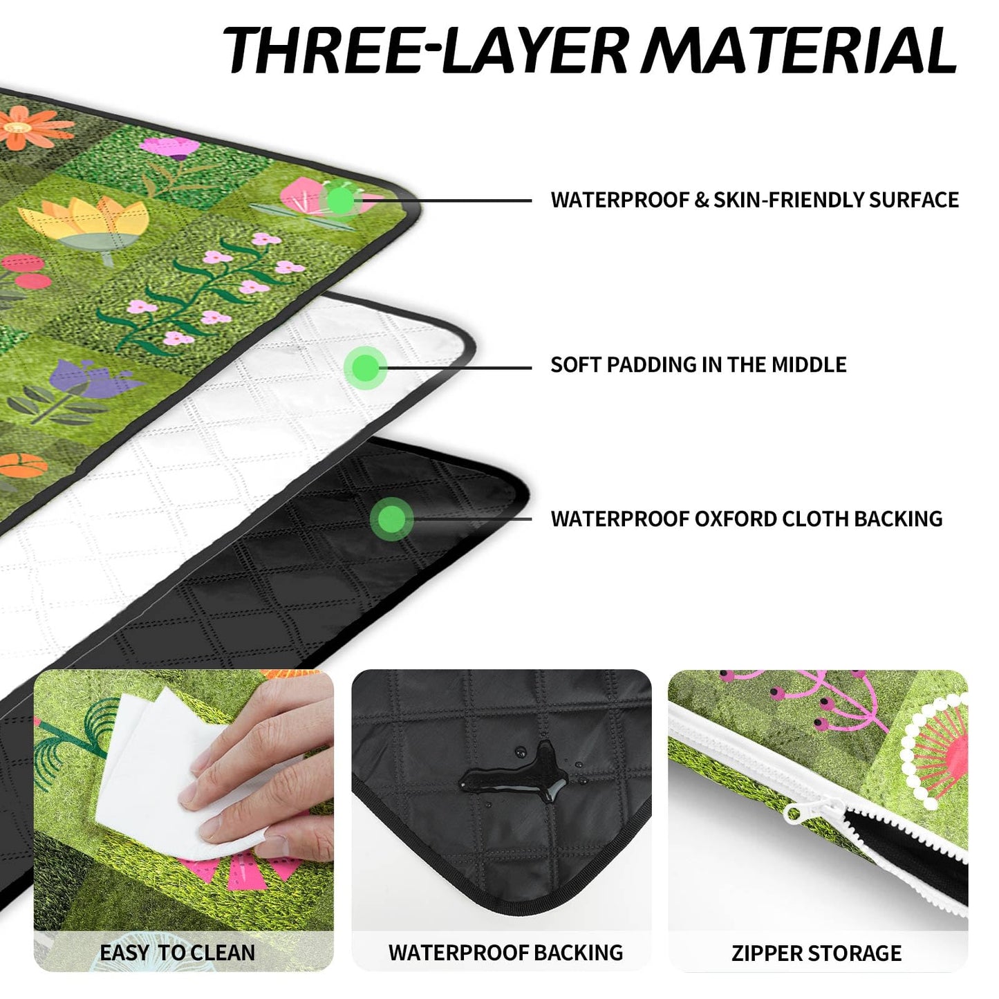 Floral Picnic Blanket 60"X80" Waterproof Foldable Large Outdoor Picnic Quilted Blanket Bag 2 in 1 Camping Flowers Machine Washable Picnic Mat Sandproof Backing Blanket for Grass Hiking Beach