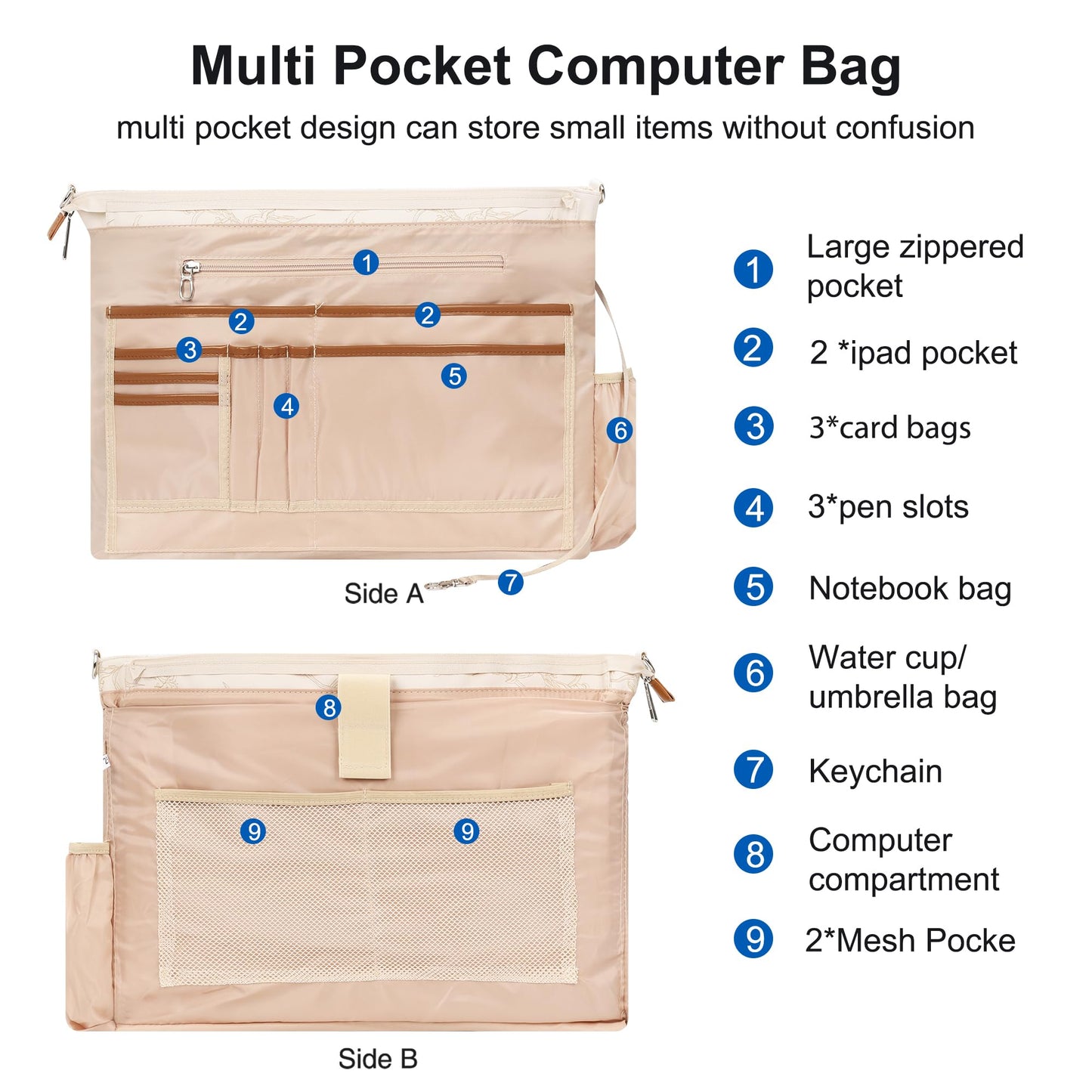 Laptop Bag for Women 17 Inch, Leather Laptop Tote Bag Waterproof Computer Bag Office Work Bag Business Briefcase with Compartment&Shoulder Straps (Beige/Brown Flower)