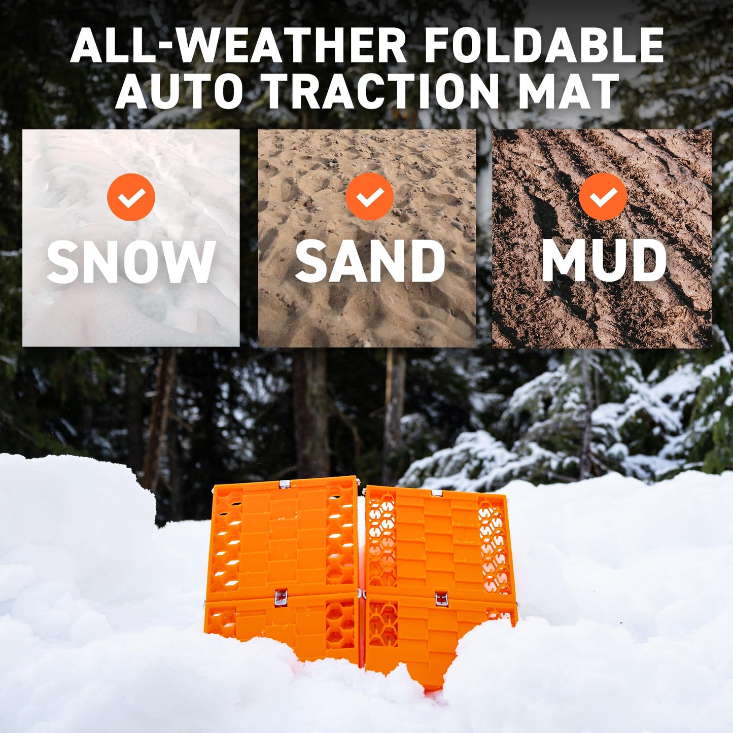 72HRS All Weather Automotive Emergency Tire Traction Mat, Winter Traction Mat, Snow Mud Dirt All Terrain Tire Traction Set of 2-55 x 18cm (Orange)