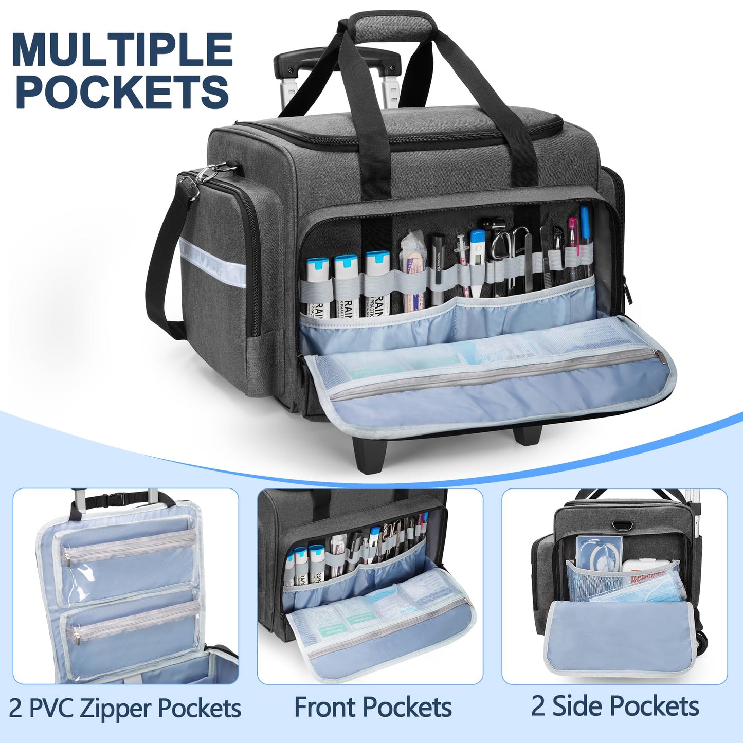 Damero Rolling Medical Bag with Detachable Trolley, Medical Bag on Wheels with Dividers, Medical Equipment Storage Bag for Home Health Nurses, Doctors, EMT, EMS, Gray