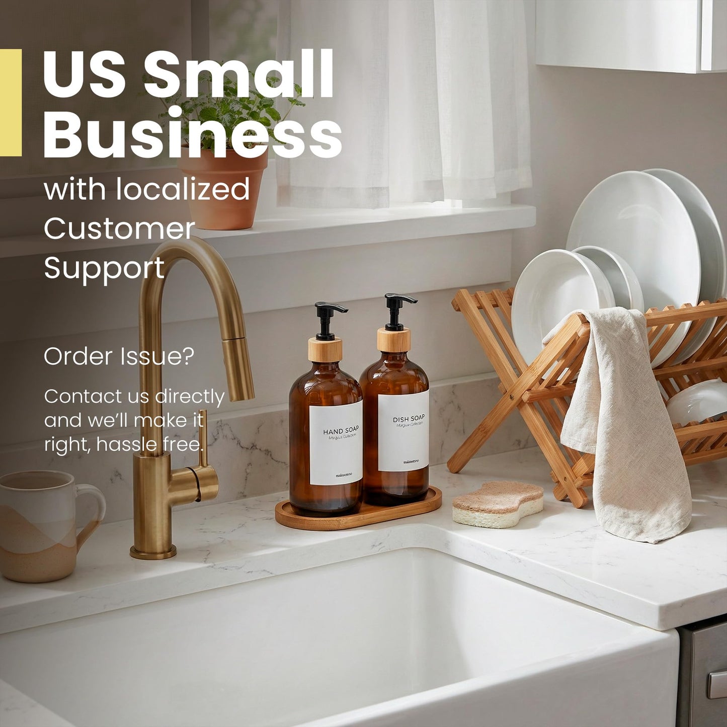 MaisoNovo Glass Dish Soap Dispenser for Kitchen Sink Set of 2-500 ml Dish and Hand Soap Dispenser Set for Kitchen - Amber Glass Bottles with Black Bamboo Pumps x 2, Bamboo Tray