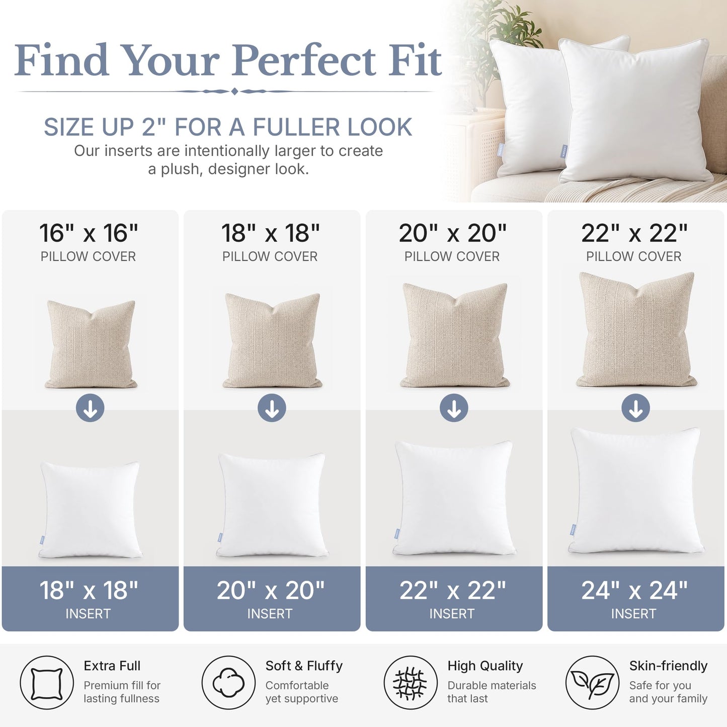 Leeden 18 x 18 Pillow Inserts (Set of 2) - Throw Pillow Inserts with 100% Cotton Cover - 18 Inch Square Interior Sofa Pillow Inserts - Decorative Pillow Insert Pair - White Couch Pillow