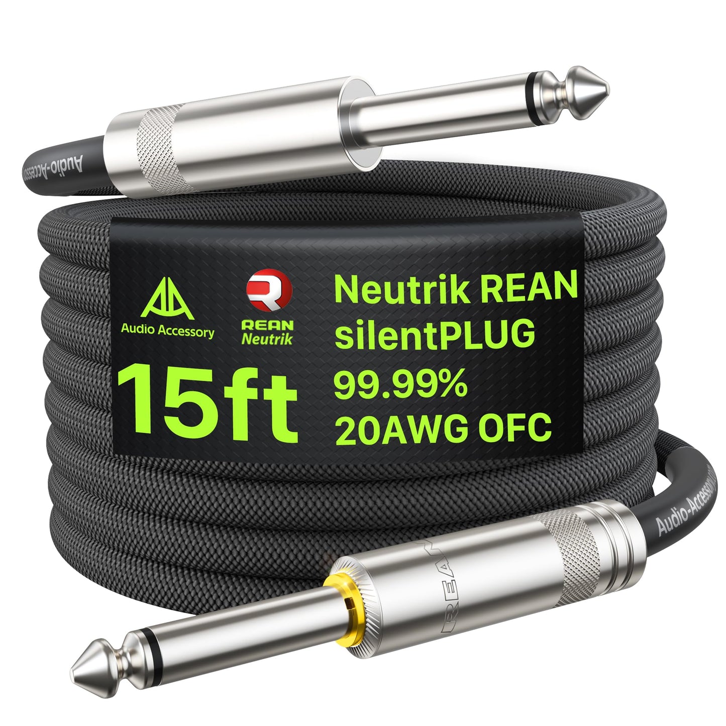 AA AUDIO ACCESSORY Silent Guitar Cable 15 ft, Neutrik REAN silentPLUG, Kevlar-Reinforced Nylon Braided Anti-Kinking, Auto Mute 20 AWG 99.99% OFC 1/4 Instrument Cable, Shielded Amp Cord for Bass Guitar