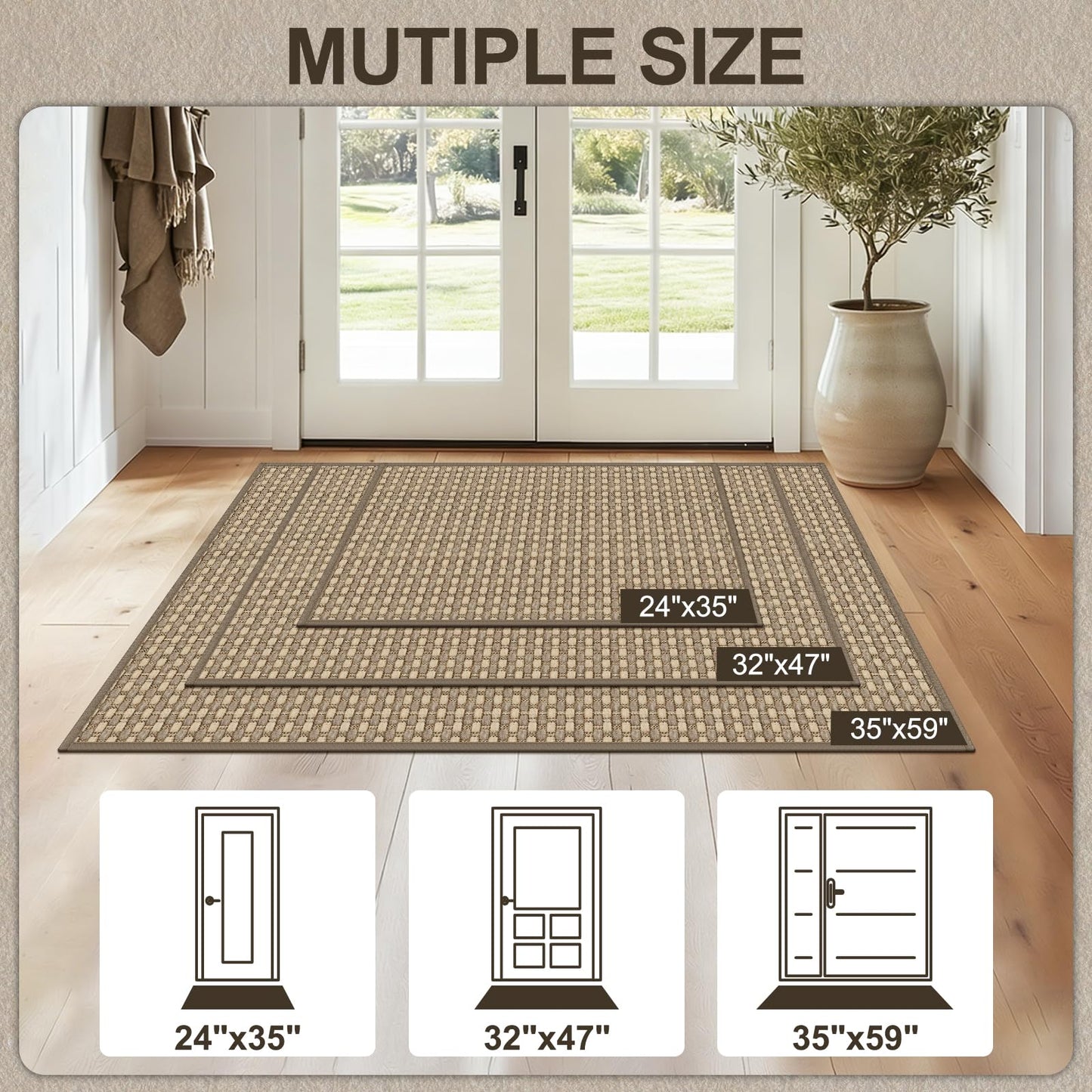 VSIWB Door Mat Indoor Entrance 32"x48" Washable Entryway Rugs Low Pile Woven Front Door Mat Outdoor Non-Slip Kitchen Mats for Floor Hall Porch Bathroom Bedroom, Brown