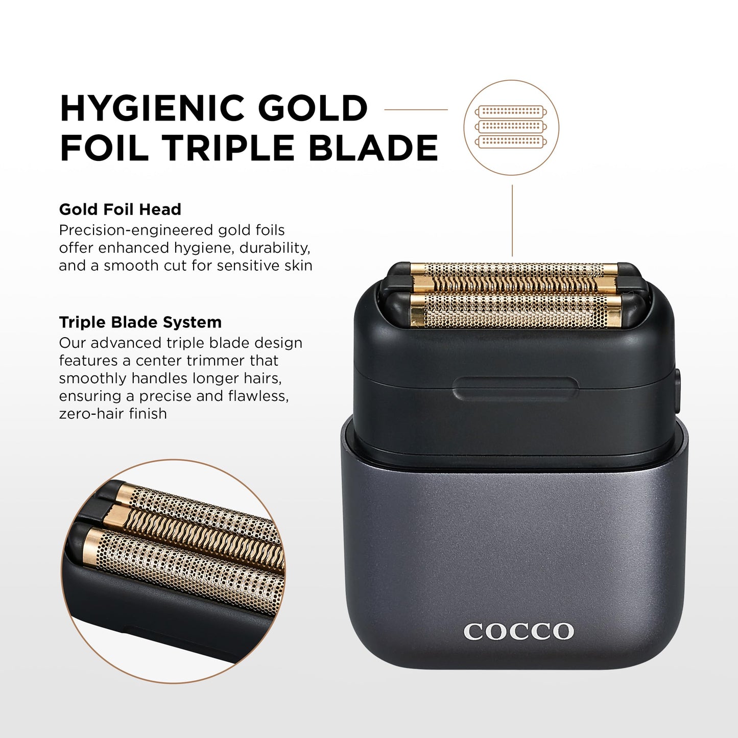 COCCO IMPACTO Shaver, Hygienic Gold Foil Triple Blade, Grey, Wet & Dry Use, Magnetic Replaceable Head, Intelligent Accelerator, 90 Min Run Time