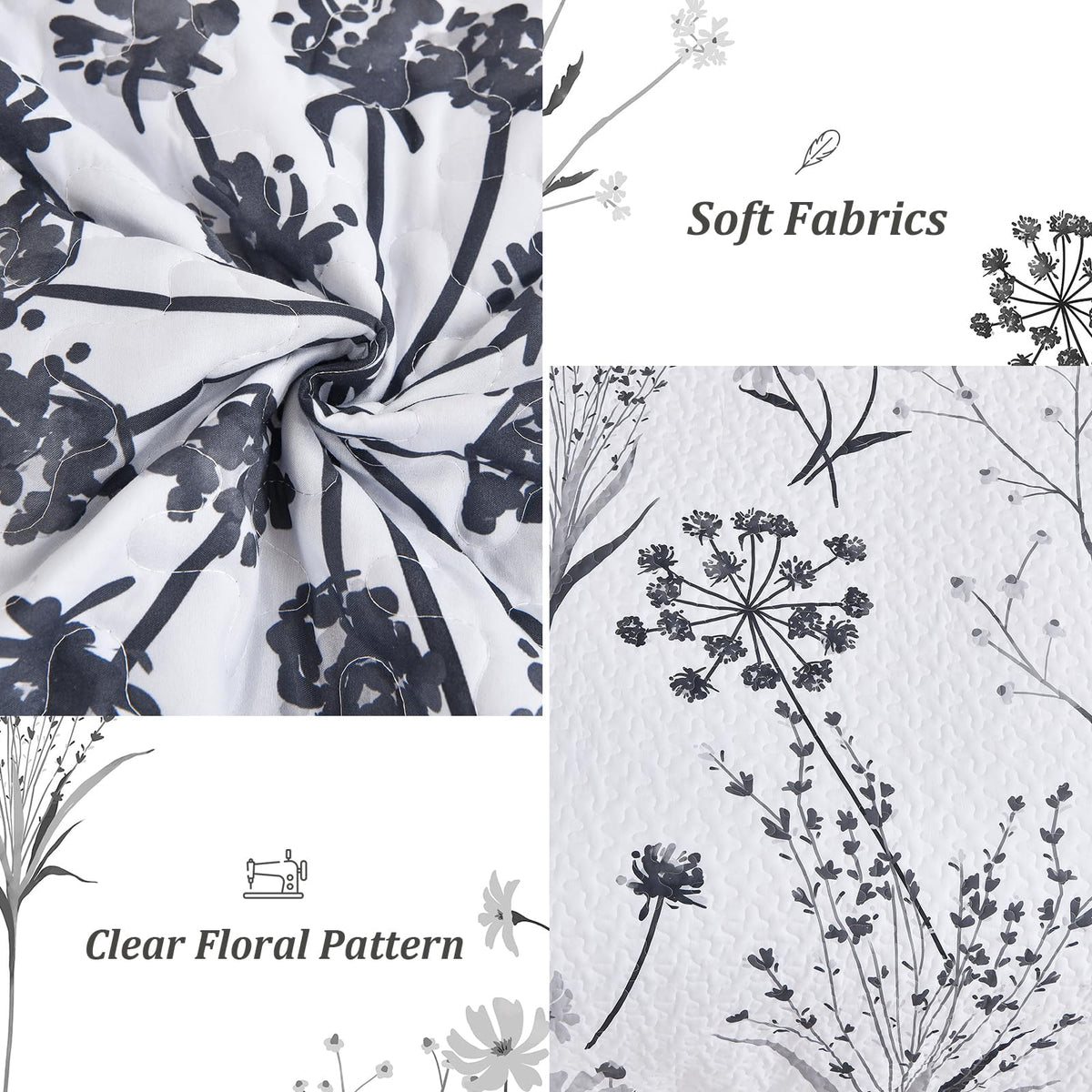 Dobuyly Floral Quilt Queen Size Set, Grey and White Botanical Queen Quilt Bedding Set 3 Pieces Soft Lightweight Microfiber Bedspread Coverlet Set for All Season, 96"x90"