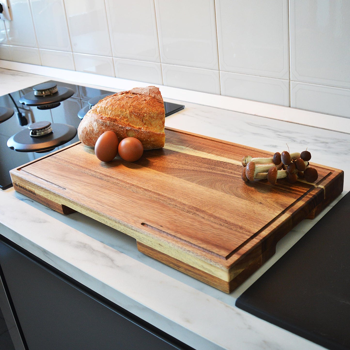Acacia Wood Cutting Board, 15.7 x 10.2 Inch (ExtraThick 1.6") Heavy Duty Edge Grain Wooden Chopping Board with Juice Groove & Handles. Hardwood Butcher Block & Charcuterie (Oil & Plate Included)