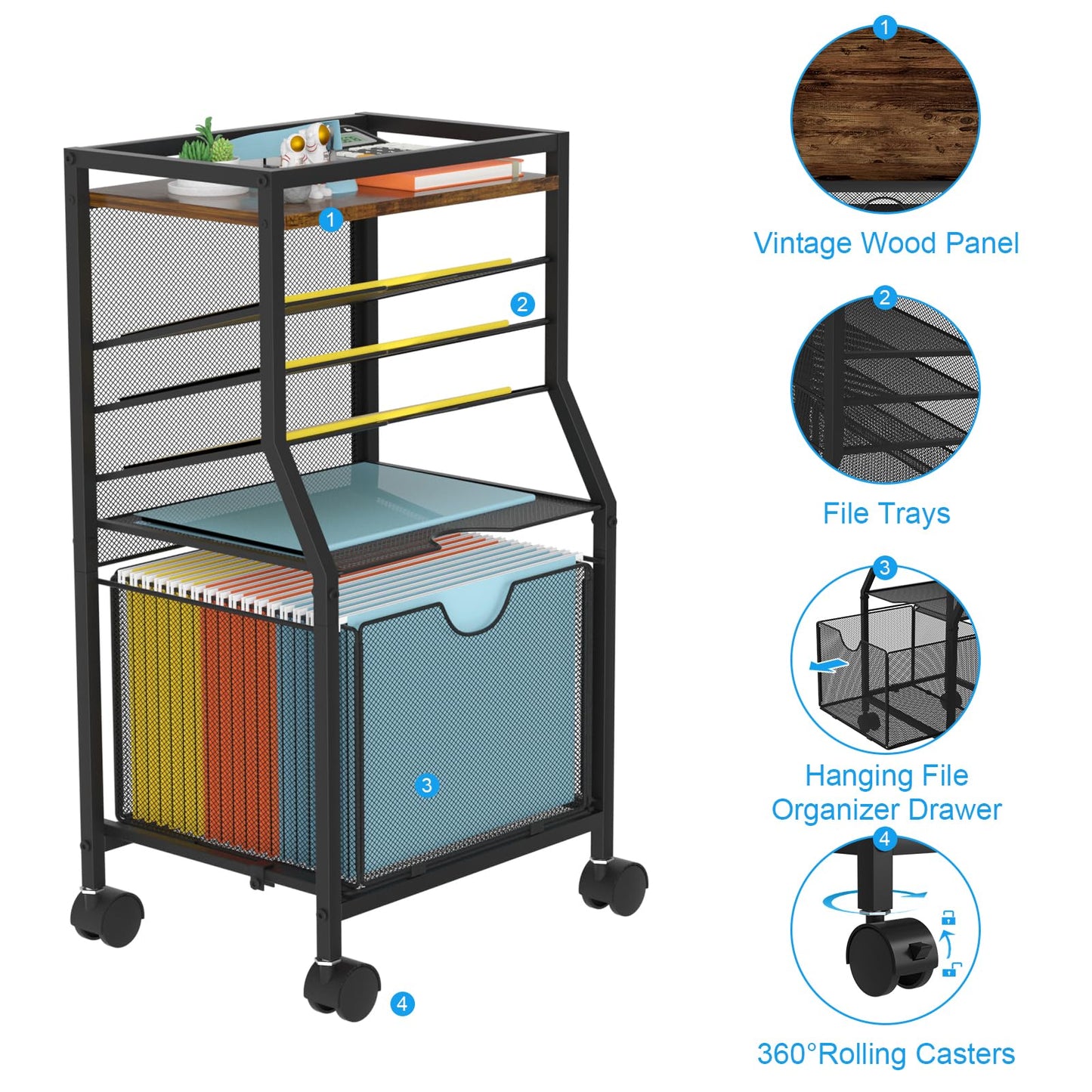 BOHDK Rolling File Cart, 6-Tier Under Desk Organizer on Lockable Wheels, Brown Wood Planks & Mesh File Cart with Sliding Drawer and Paper Trays for Office Home School, Brown Board