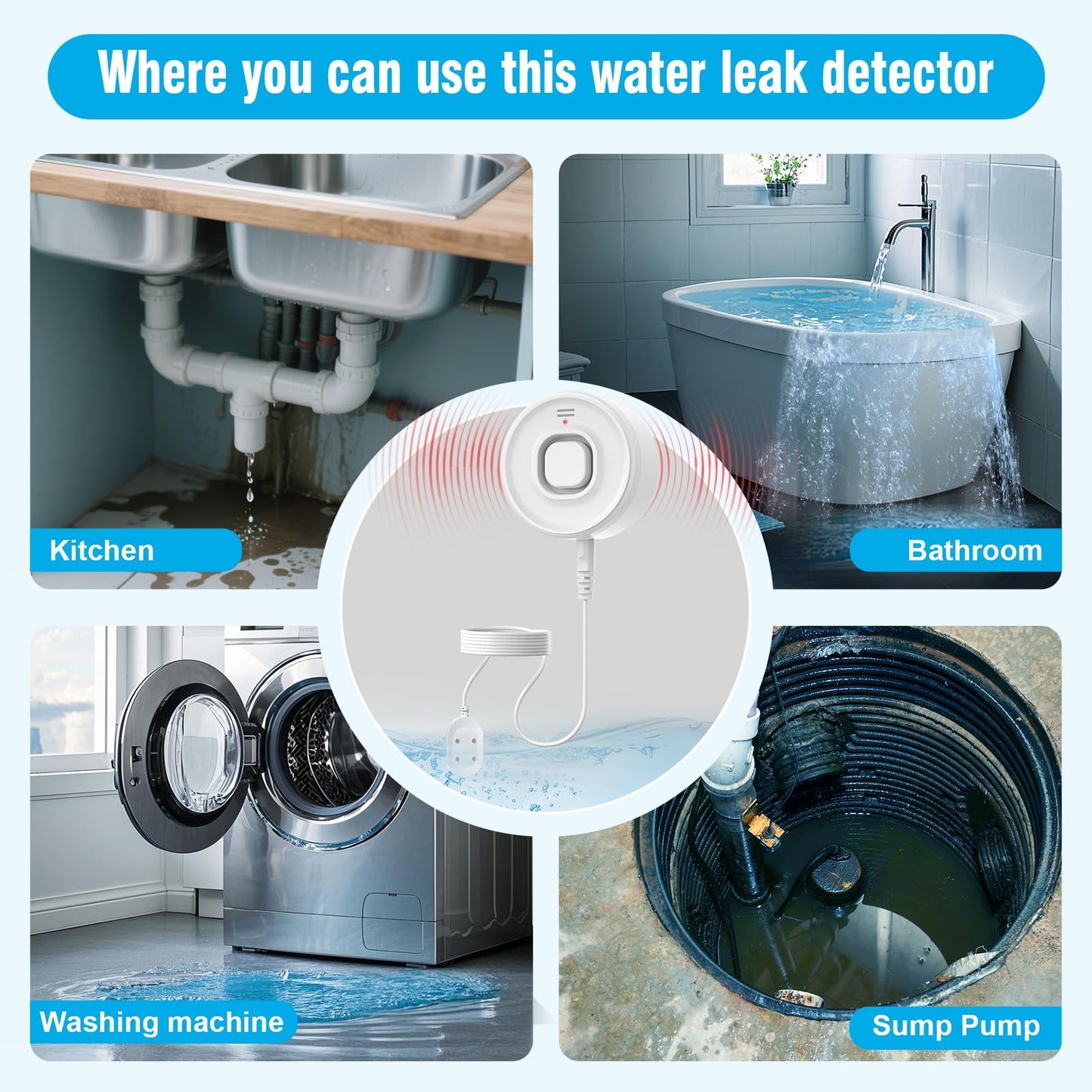 DAYTECH WiFi Water Sensors for Leaks 110dB Sump Pump Alarm with Phone Alerts and 6.5ft Detector Cable Smart Water Alarm for Basement/Laundry Room/Kitchen, 1-Pack(2.4G WiFi Only)