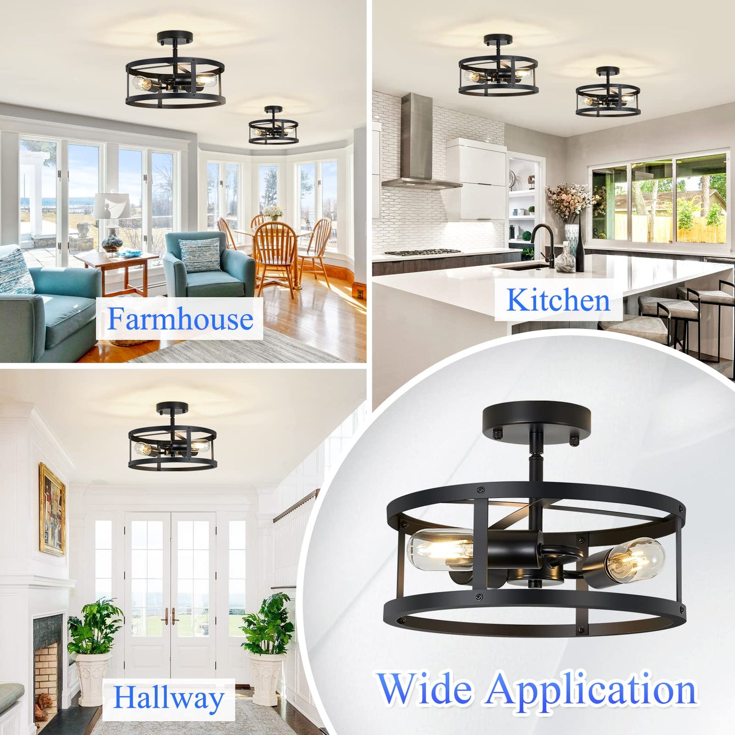SKEJAO Semi Ceiling Light Fixture,3-Light Black Flush Mount Ceiling Light,13 Inch Hallway Light fixtures Ceiling,Light Fixtures Ceiling Mount for Farmhouse,Kitchen (2, 13.1 inch)