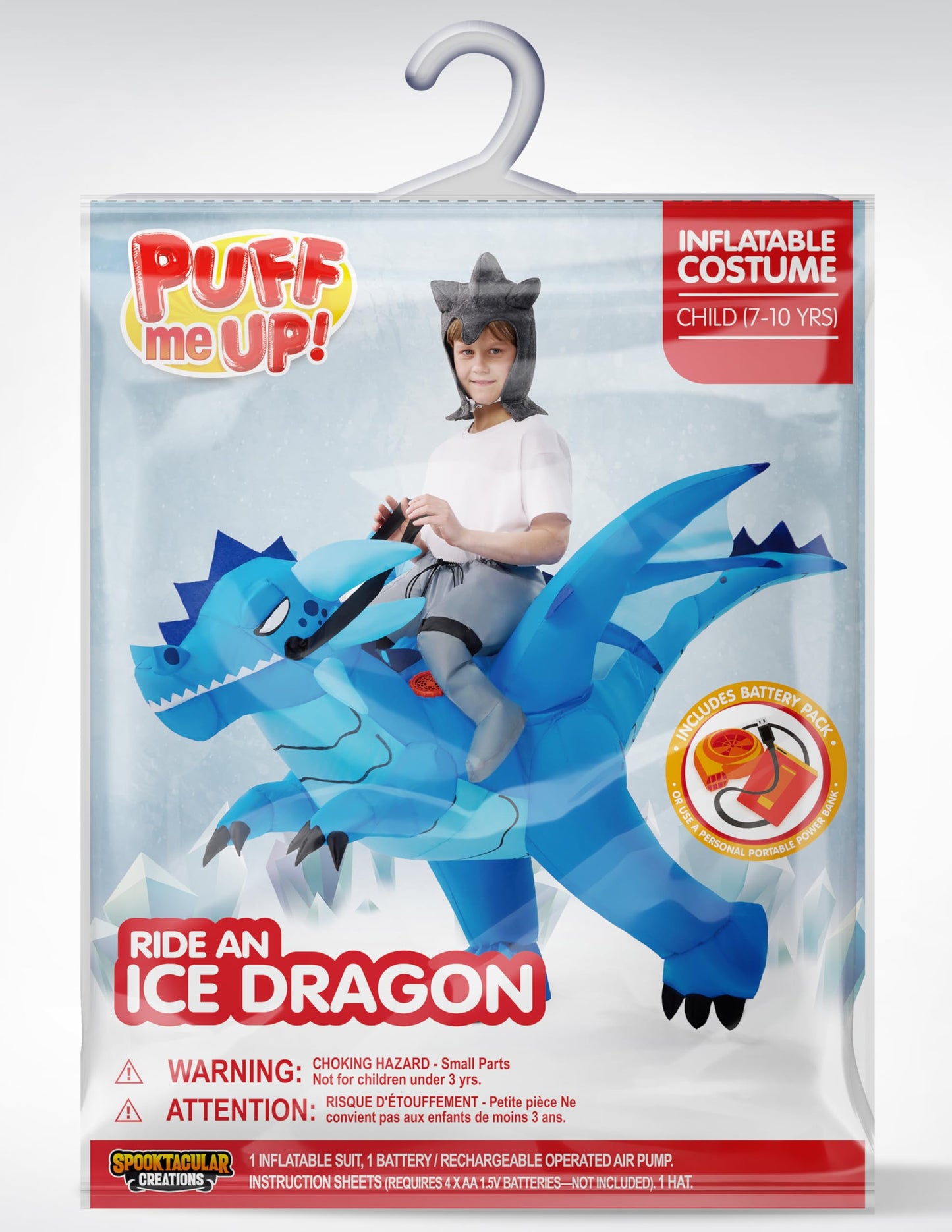 Spooktacular Creations Inflatable Costume for Kids, Ride on Ice Dragon Inflatable with Hat, Dragon Costume Blue(M)