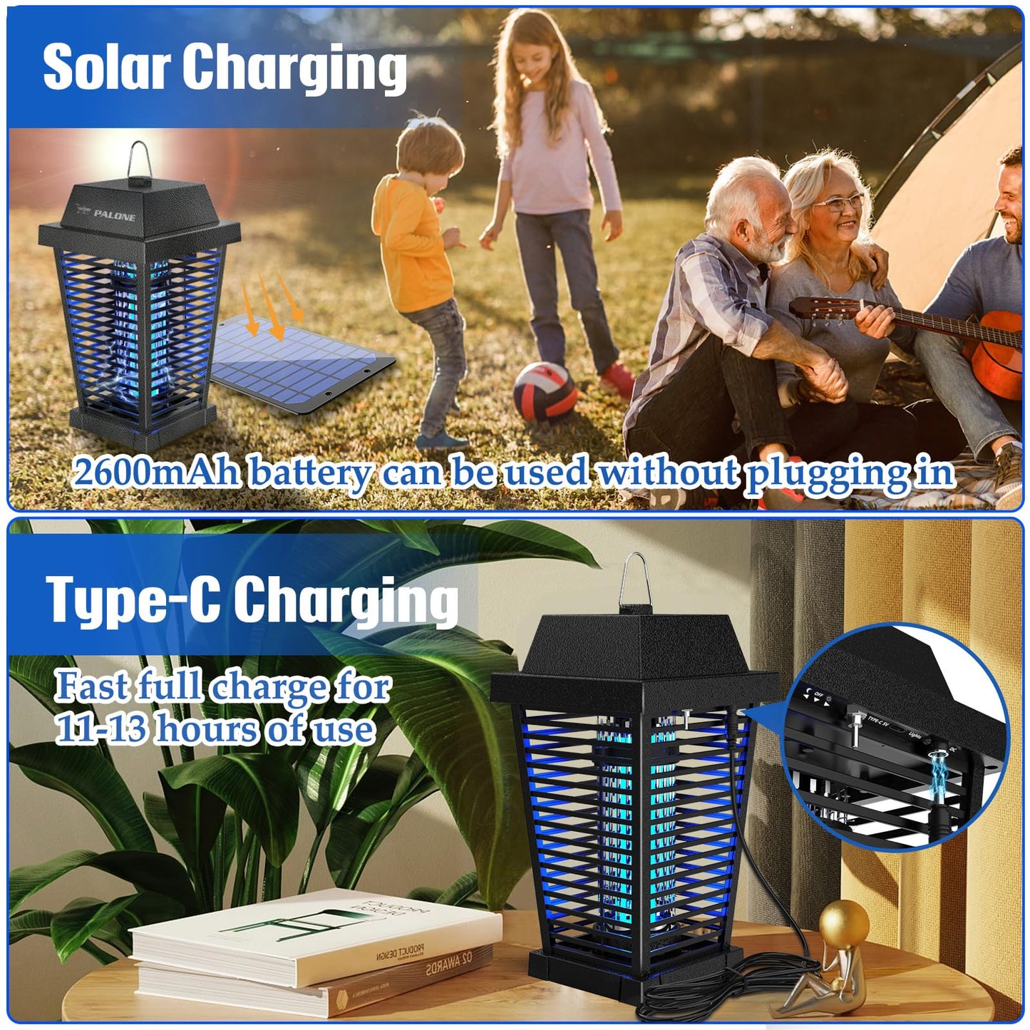PALONE Bug Zapper with 4500V, USB-C and Solar Panel Dual Charging, Waterproof Bug Zapper with 7.5W Solar Charging Panel, Suitable for Camping Outdoor