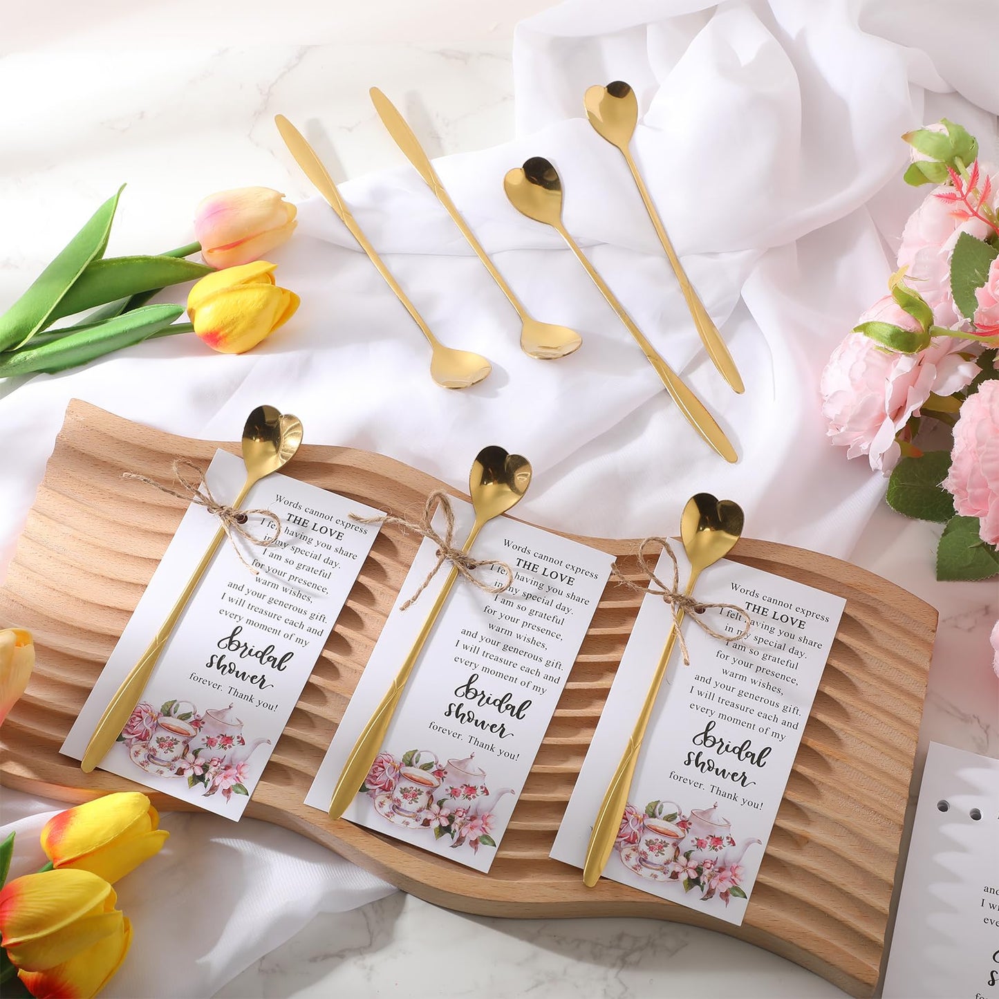Skybooly 50 Heart Shaped Tea Party Spoons with Bridal Shower Thank You Cards and Hemp Rope Wedding Souvenirs