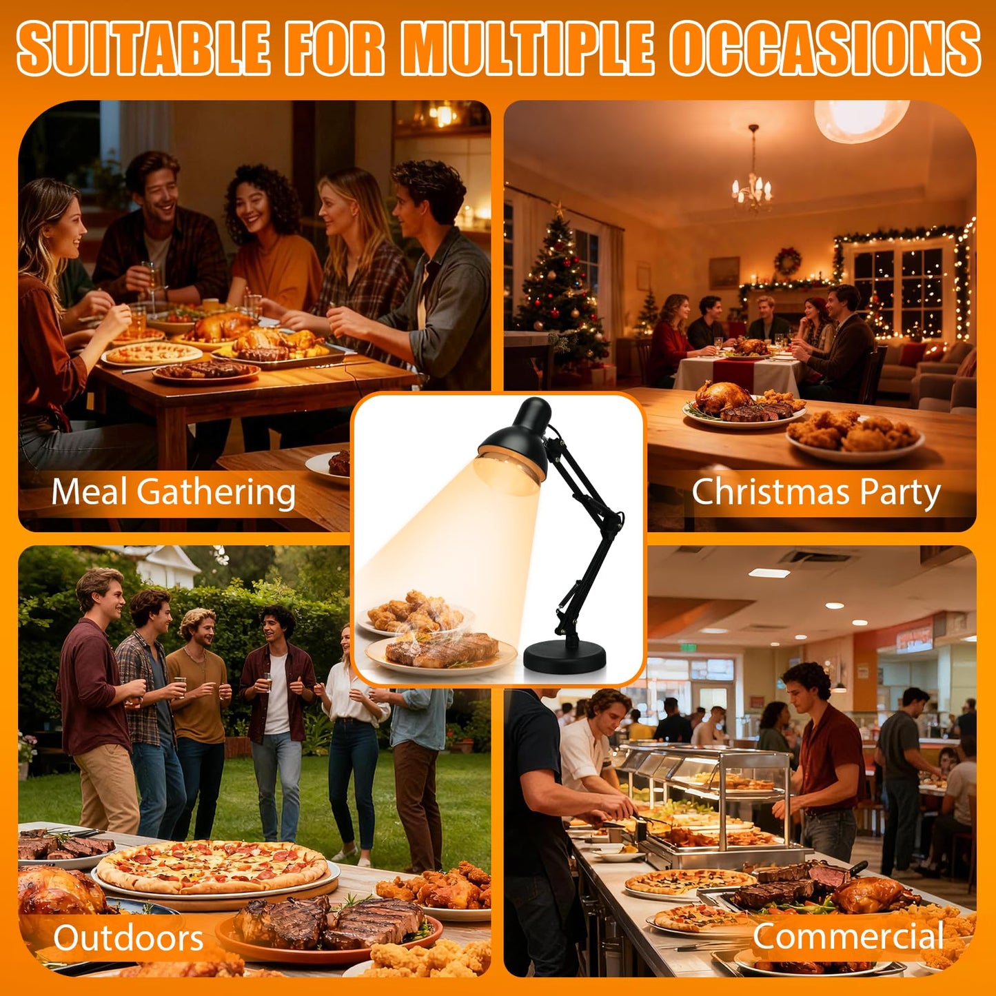 Portable Food Heat Lamp -【Foldable Design】【Quickly & Stable Heating】 Food Warmer Light, Commercial Heat Lamp for Food, Catering Warming Lamp for Parties, Buffet, Pizza, Chicken, Chocolate (Black)