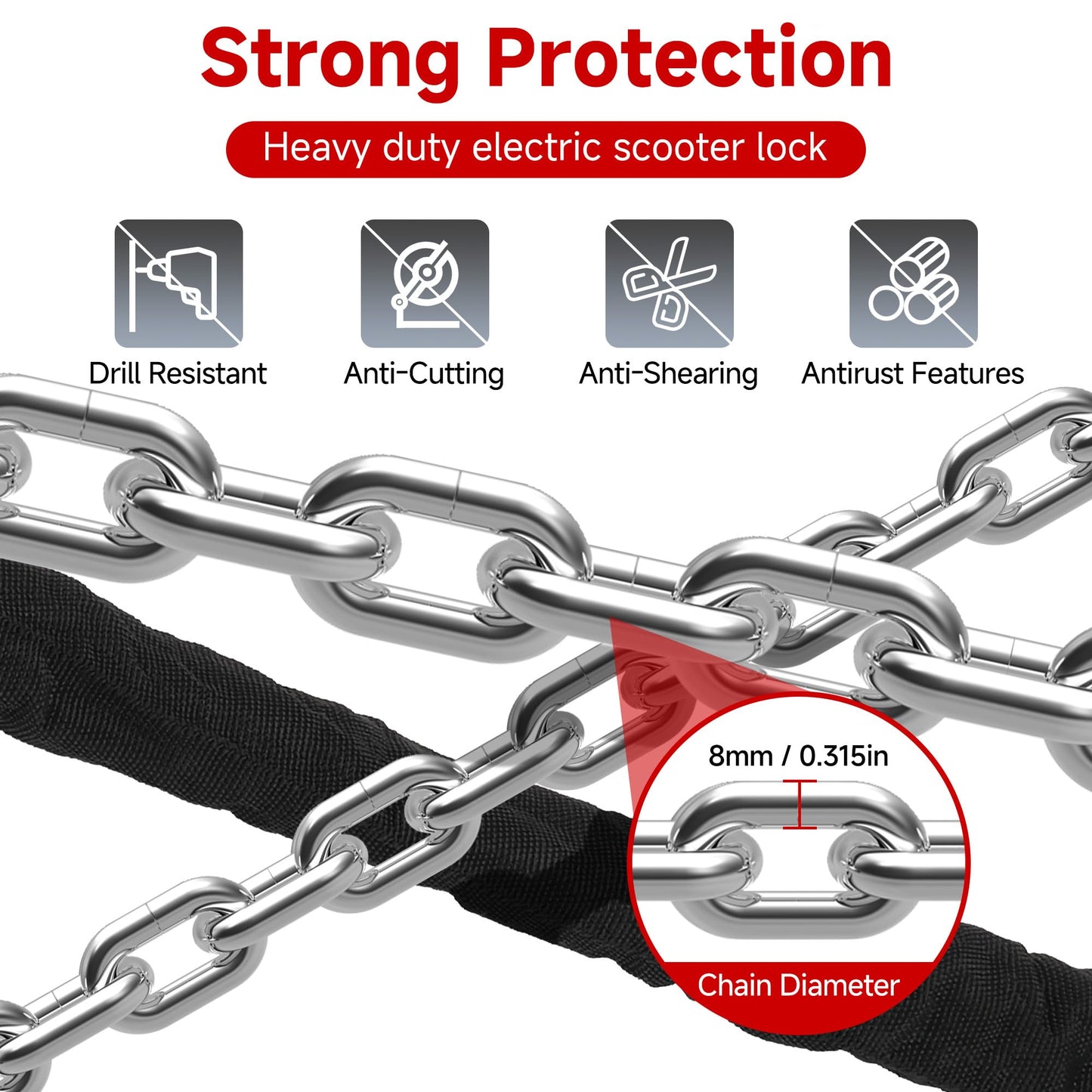 TOKCKYBL Heavy Duty Electric Scooter Lock with Scooter Bag - 6mm Anti-Theft Chain Lock, 94cm Weatherproof Security for E-Scooters, E-Bikes, Motorcycles