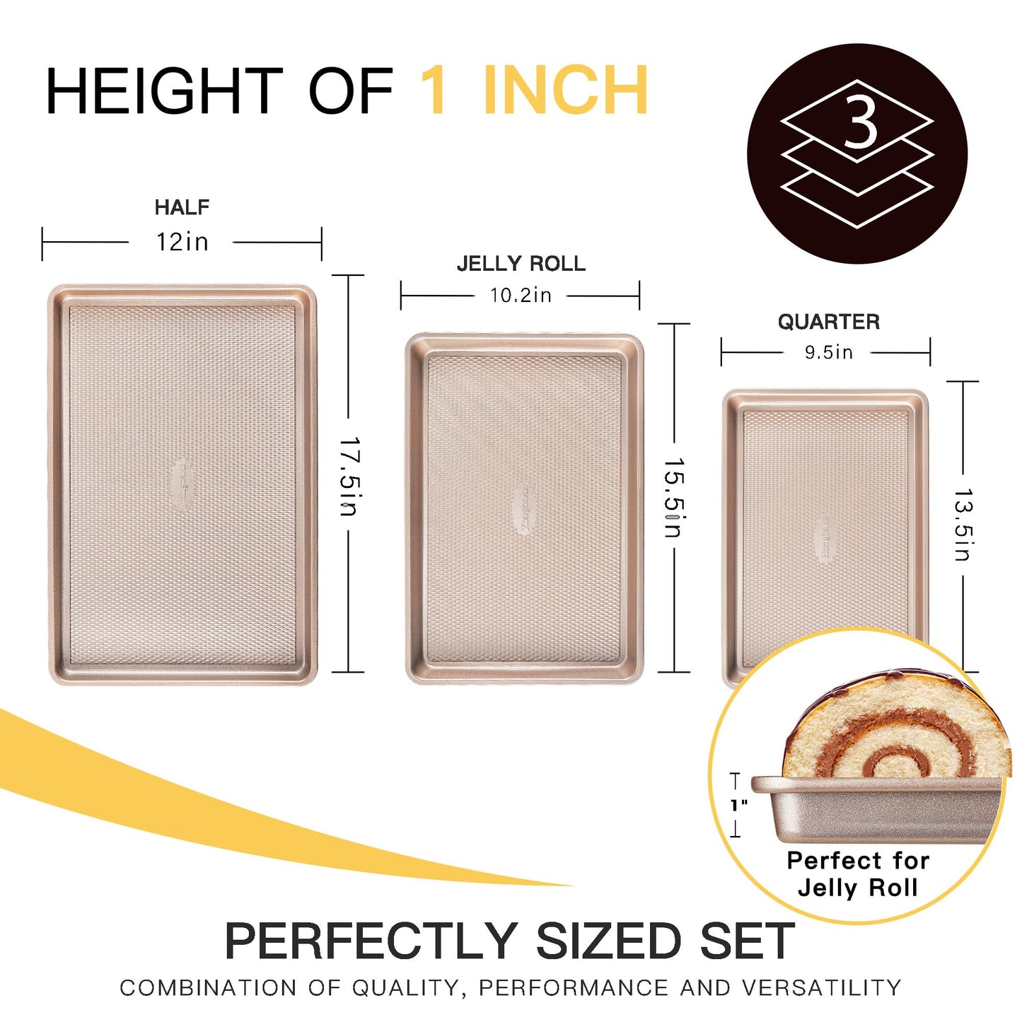 HONGBAKE Baking Sheet Pan Set, Cookie Sheets for Oven, Nonstick Half/Quarter/Jelly Roll Pans with Diamond Texture Pattern, Heavy Duty Cookie Tray