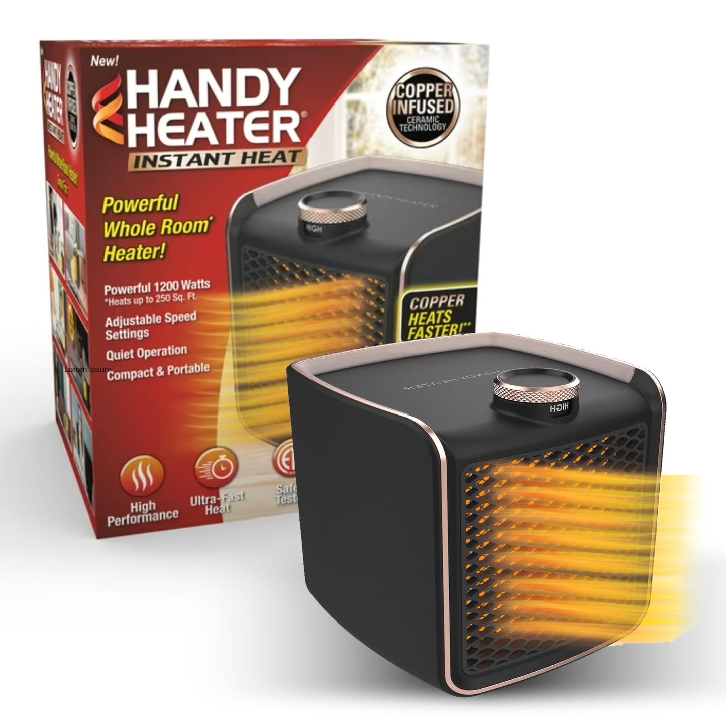Handy Heater Instant Heat Ceramic Space Heater for Bedroom, Basement, Indoor Use, Electric, Small & Portable, 1200W, Ultra Quick Copper Heating Fan, Tip Over Detection, Energy Efficient, ETL Certified
