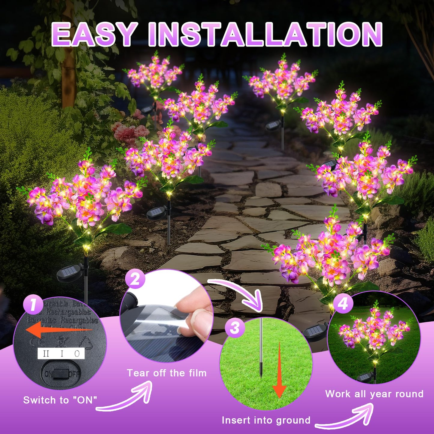 Ninonly Solar Garden Lights, 2 Pack Solar Violet Flowers Lights Outdoor, 600mAh Waterproof Solar Powered Pathway Lights for Patio Yard Landscape Decoration