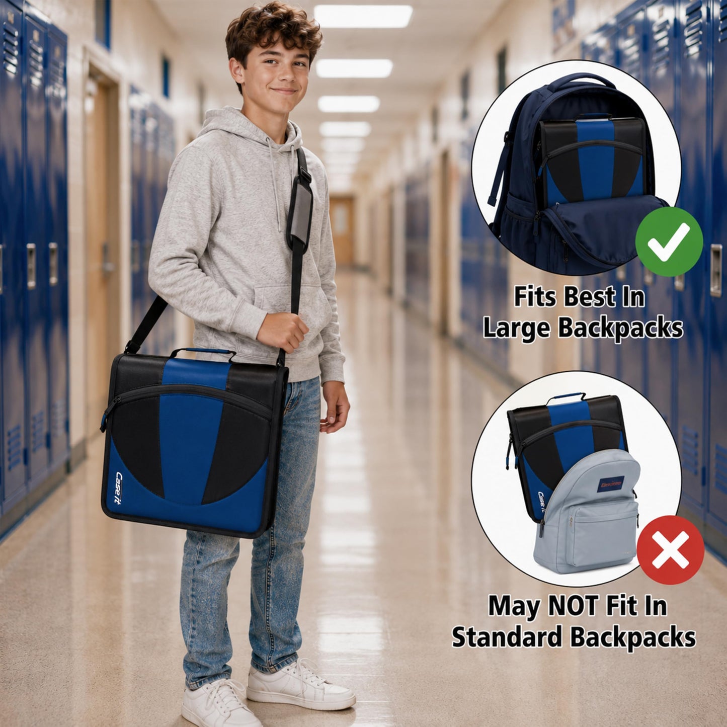Case-it The Dual 2-in-1 Zipper Binder - Two 1.5 Inch D-Rings - Includes Pencil Pouch - Multiple Pockets - 600 Sheet Capacity - Comes with Shoulder Strap - Jet Black Dual-101