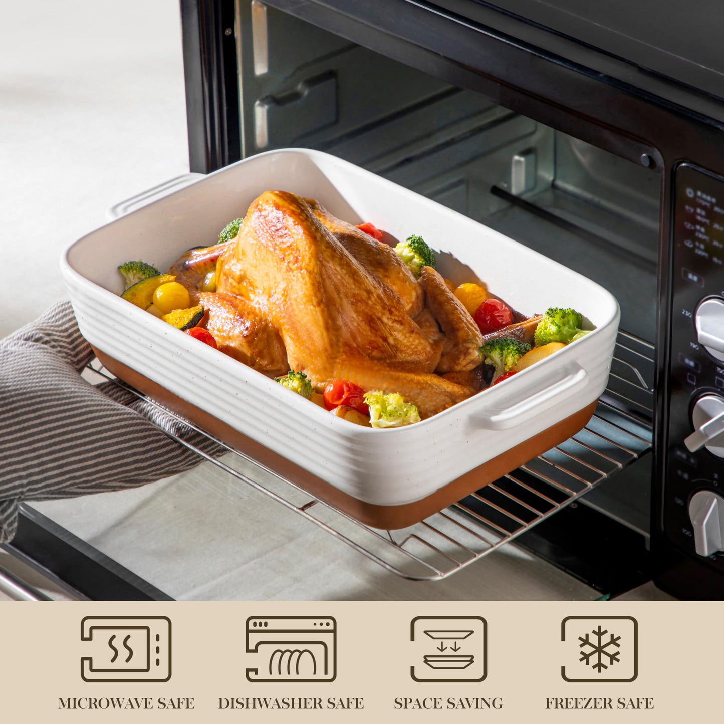 MALACASA Casserole Dishes for Oven, Ceramic Baking Dishes Set of 3, 1.45/2.7/3.8L Rectangular Baking Pan Set, Deep Lasagna Pan with Handles, Khaki White (14.5"/13"/10.5"), Series TARA