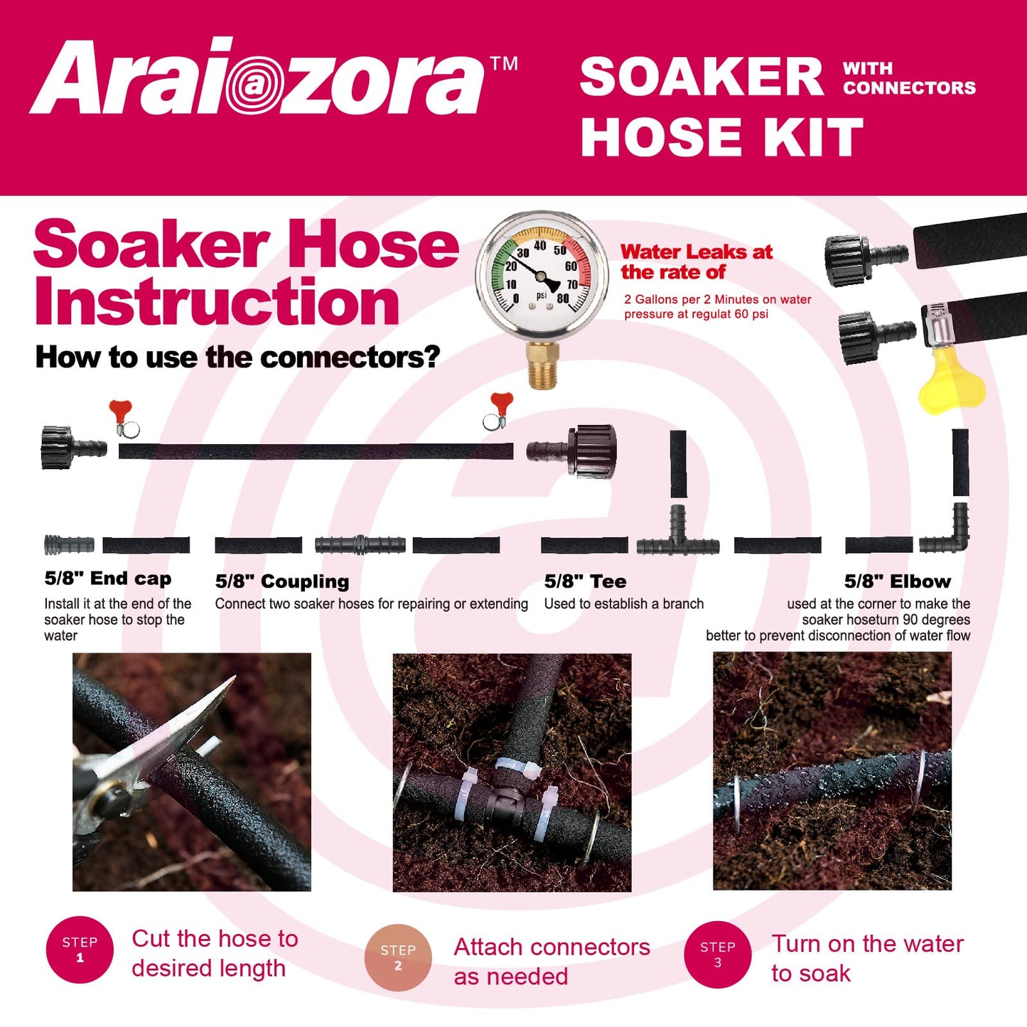 Soaker Hose 100 FT for Garden Beds,Heavy Duty Solid Brass Connector 1/2“ Ruber Drip Irrigation for Flower Bed&Yard,Landscaping