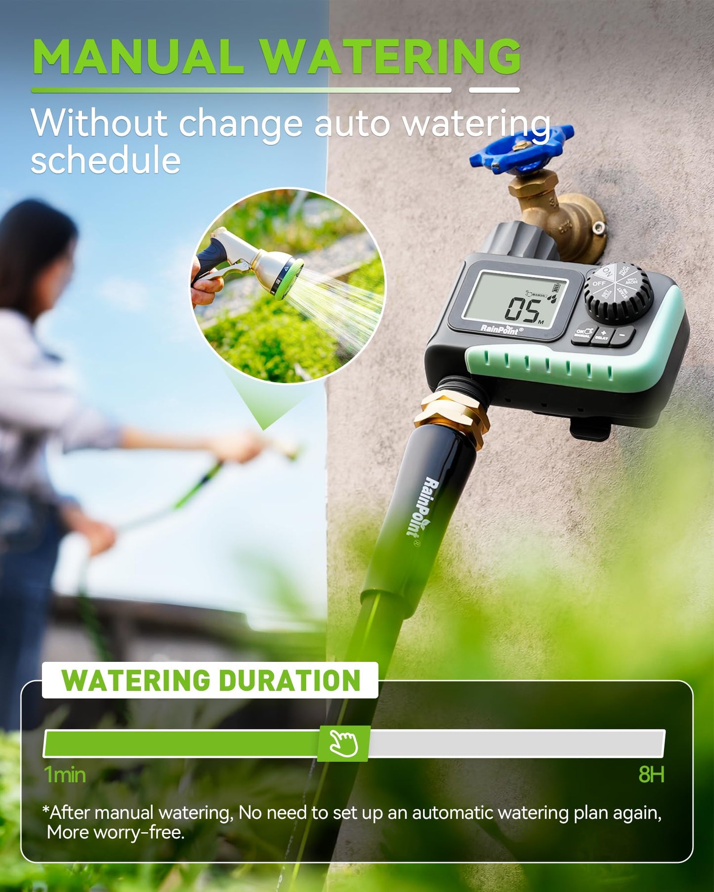 RAINPOINT Sprinkler Timer,Water Timer Programmable Garden Outdoor Hose Feature Timer with Rain Delay/Manual/Automatic Watering System,Waterproof Digital Irrigation Timer System for Lawns Pool,1 Outlet