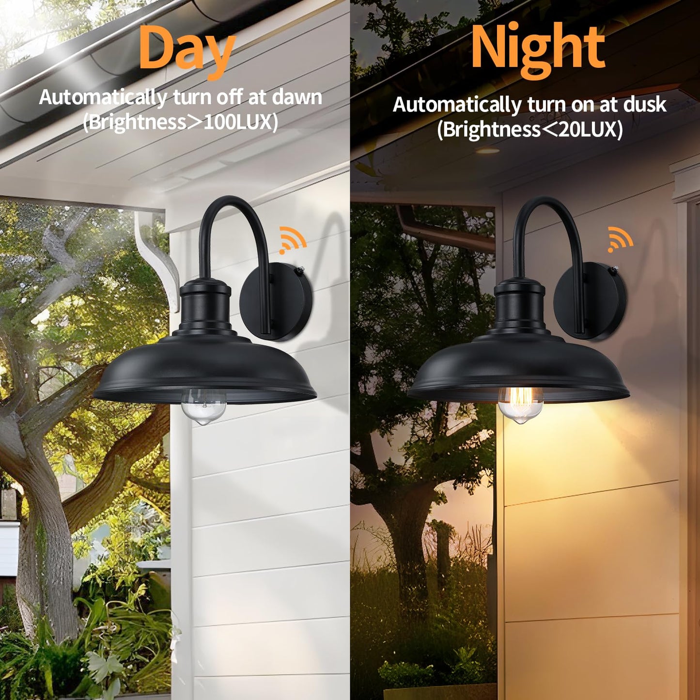 MYHXQ 12'' Dusk to Dawn Outdoor Gooseneck Barn Light, 2-Pack Outdoor Wall Sconce Farmhouse Exterior Light Wall Lighting Fixture Industrial Black Wall Lantern for Porch, Entryway, Garage, Black