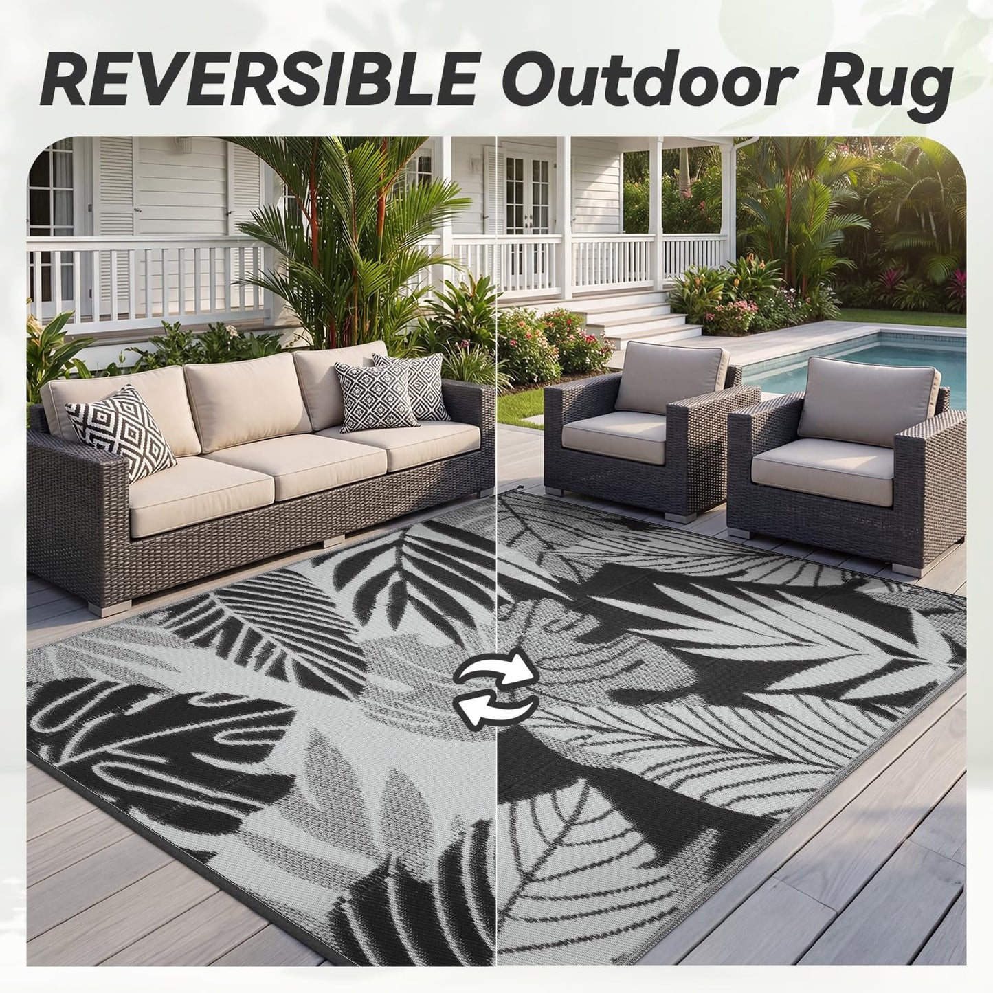 Outdoor Rug-Patio Rug 6x9 ft Waterproof Outdoor Carpet Reversible Portable Outdoor Patio Rugs Camping Mat for Patio Camping Rv Picnic Backyard Deck Balcony Beach Rug,Grey & Black