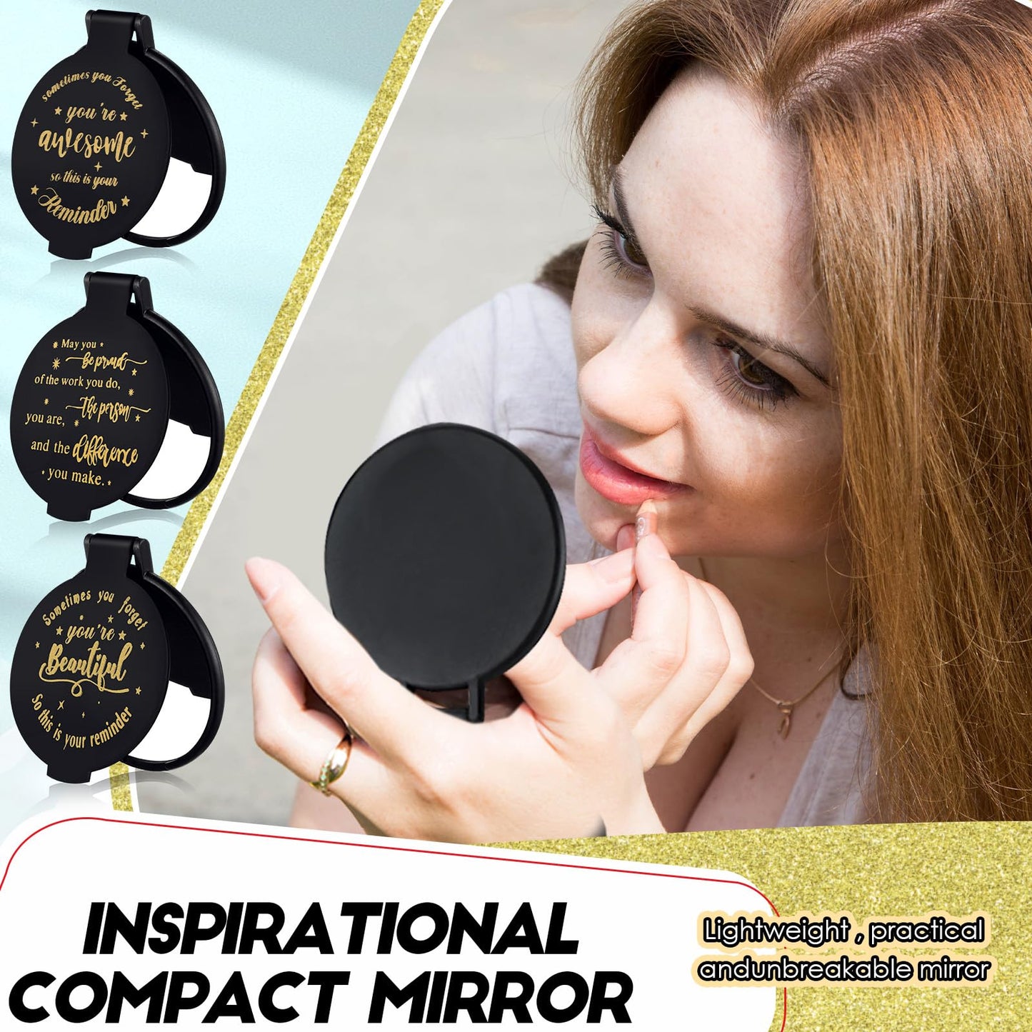 Wenqik 100 Pcs Inspirational Gifts Bulk for Women, Small Pocket Compact Mirrors Bulk with Positive Saying, Motivational Appreciation Gift for Employee Staff Coworker Women's Birthday Party (Black)