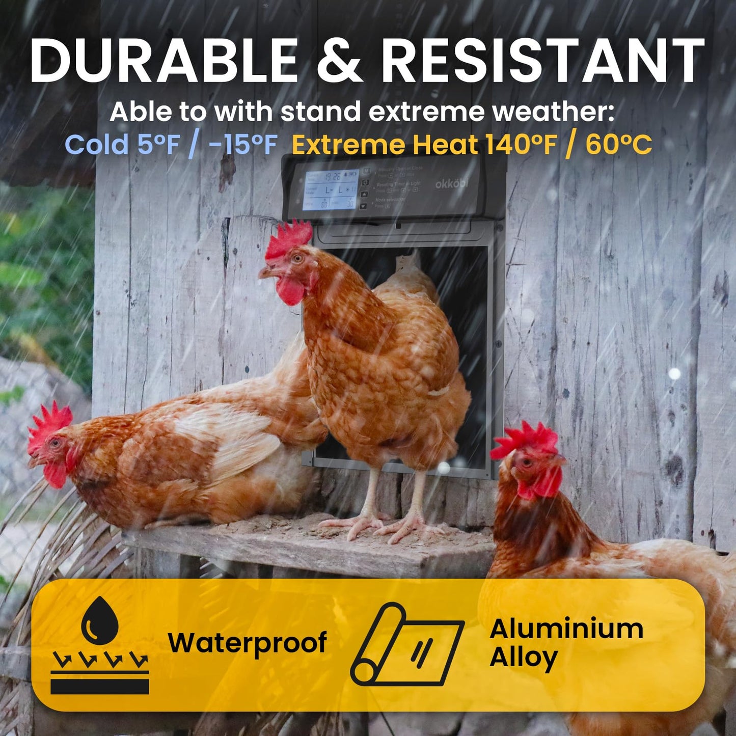 Okkobi Automatic Chicken Coop Door Solar Powered - LCD Display - Chicken Coop Door with Remote Control, Light Sensor & Timer - Security & Peace of Mind: Anti-Pinch Function - 5-Year Protection - Grey