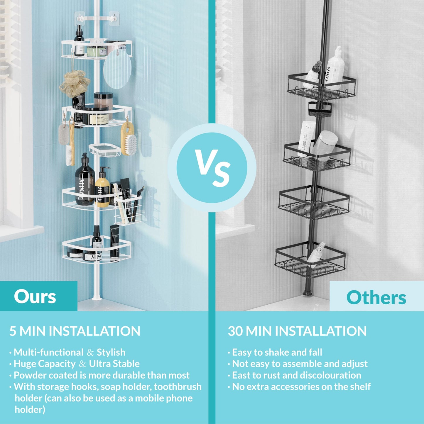 TIMIANO Shower Caddy Tension Pole, 4-Tier Adjustable Corner Shower Standing Caddy, Rustproof Shower Rack for Bathroom Bathtub, with 4 Shelves, No Drilling Shower Shelf for Inside Shower (White)