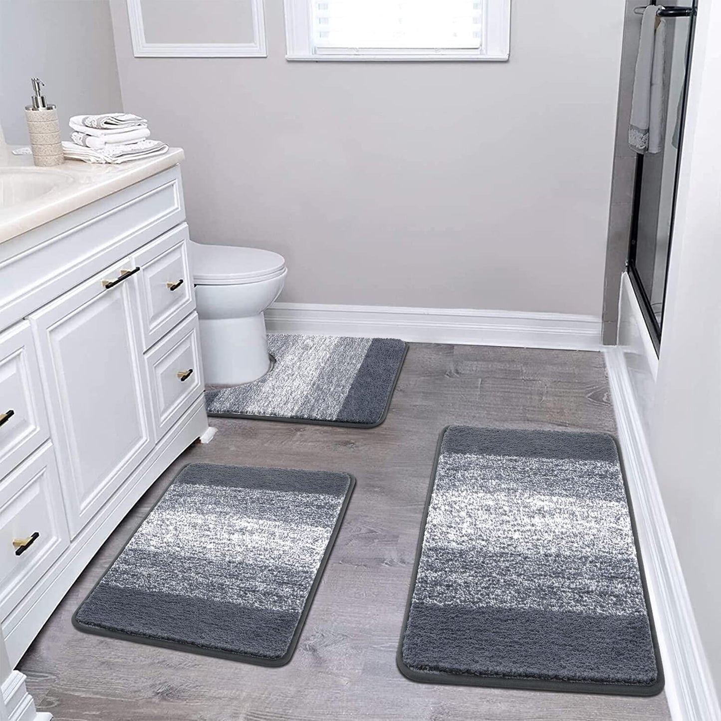 Pauwer Bathroom Rugs Set 3 Piece Microfiber Bath Mats for Bathroom Non Slip Bath Floor Mats with U-Shaped Contour Mat Toilet Rug Absorbent Shower Mats Washable Shaggy Rugs for Bathroom