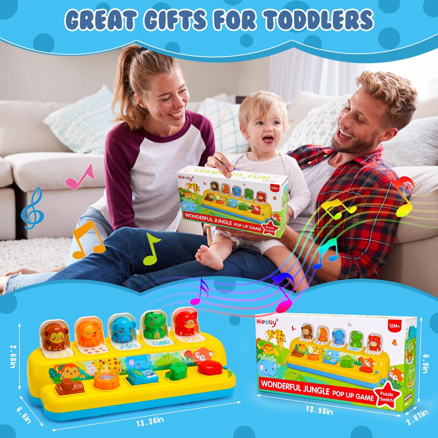 Interactive Pop up Animal Toys with Music & Light, Montessori Cause and Effect Toys for 1 Year Old Boy Girl Early Learning Musical Baby Toys 12 Months STEM Toddler Toys Age 1-2 Gift for Infant