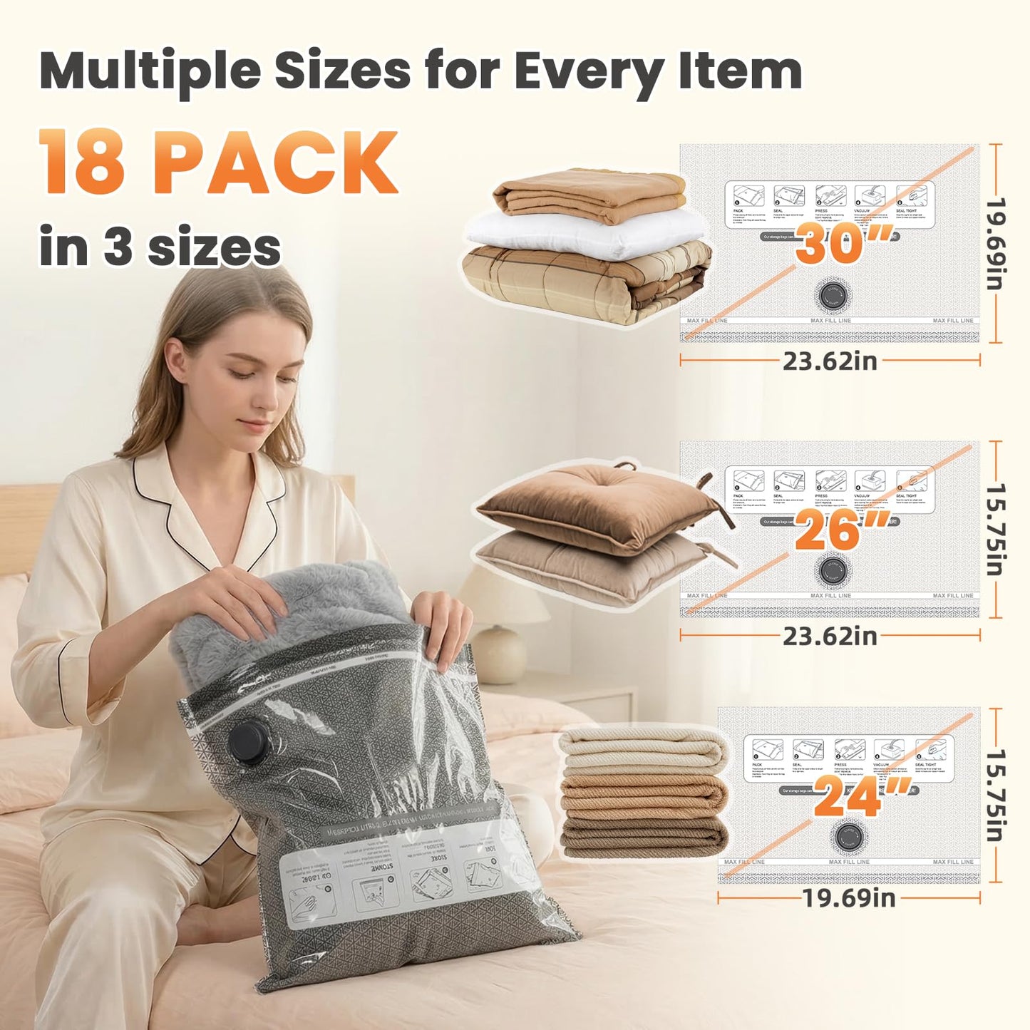 AURYAO 2026 Update 18 Pack Vacuum Bags for Travel 2000mAh Pump 1.5s Start Reusable Vacuum Bags for Clothes Space-Saving Organizer for World Cup Soccer Fan Match Day Luggage