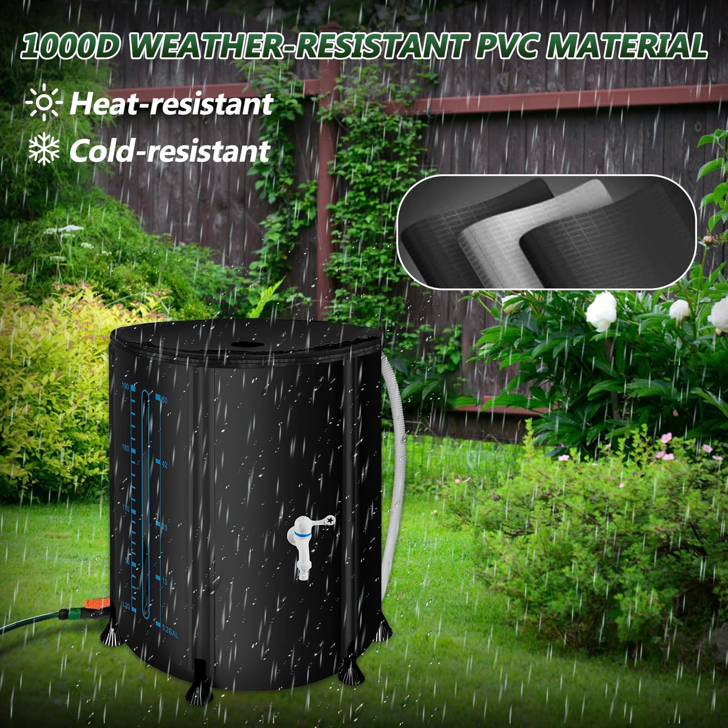 53Gallon/200L Rain Water Collection Barrel, Portable PVC Rain Barrels to Collect Rainwater from Gutter, Large Capacity Rainwater Collection System with Water Level for Garden Water Catcher, Black