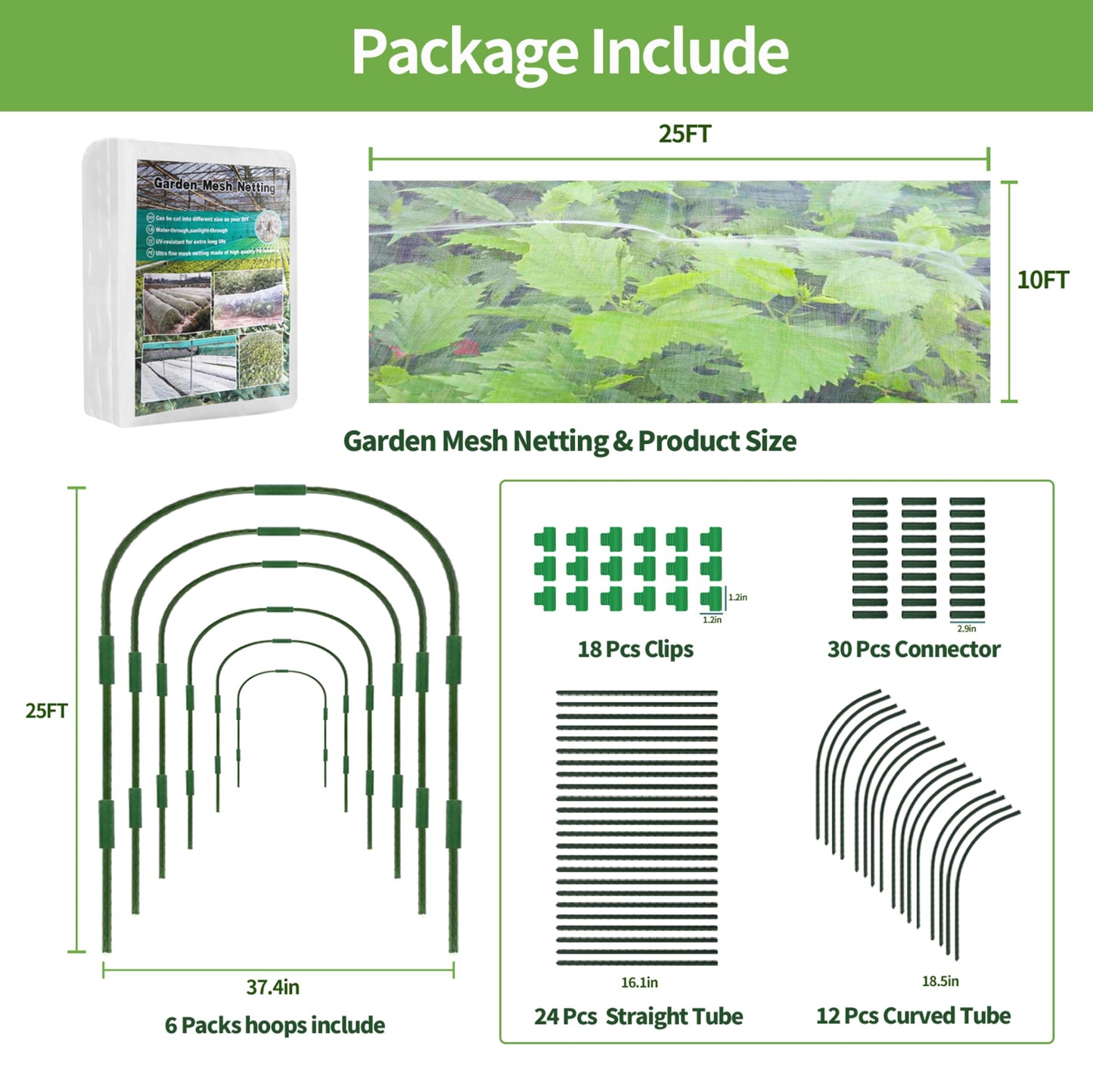 10x25ft Garden Mesh Netting Kit,Ultra Fine Netting with 6 Sets Fiberglass Garden Hoops for Raised Beds Vegetable Plants Strawberry Fruits Greenhouse Row Cover Birds Animals Barrier Protection Net