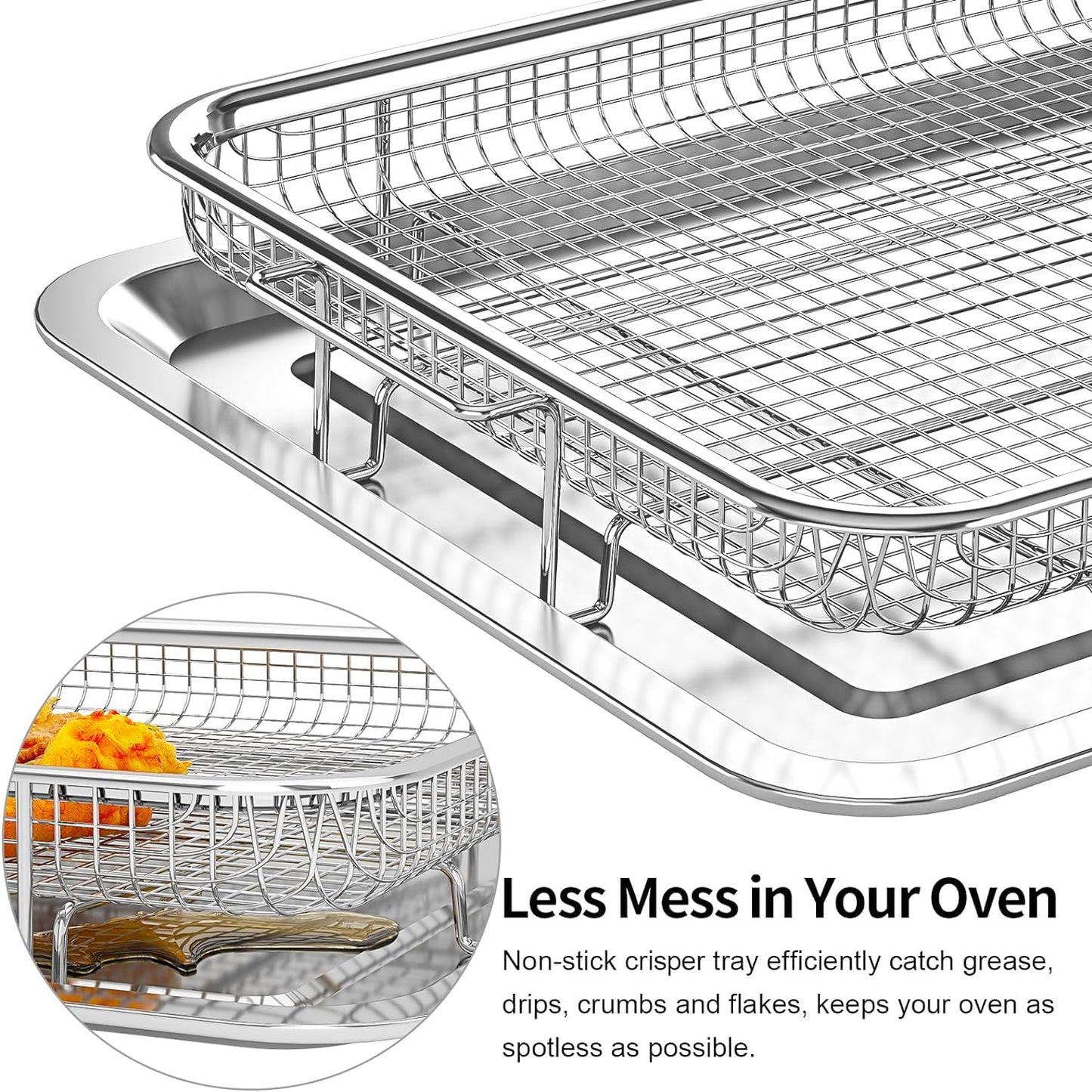 Air Fryer Basket, OPENICE 2 Set Air Fryer Basket and Tray for Oven, Stainless Steel Oven Crisper Tray and Pan for Crisping Fried, Chicken, Bacon - Large & Small
