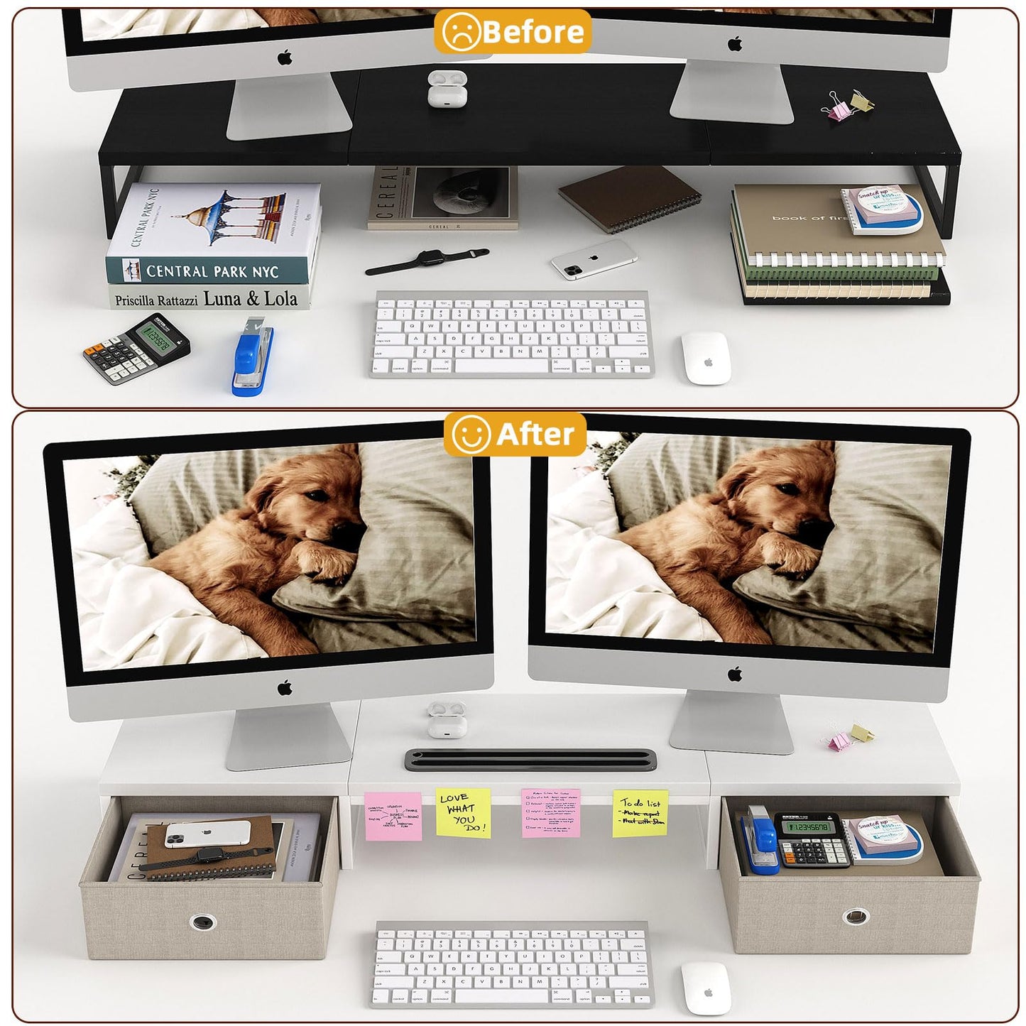 Mexin Dual Monitor Stand Riser with 2 Drawers, 39 Inch Extra Long Wood Desk Organizer, Desktop Riser for Laptop, Printer, Computer, TV, Perfect for Home Office, White