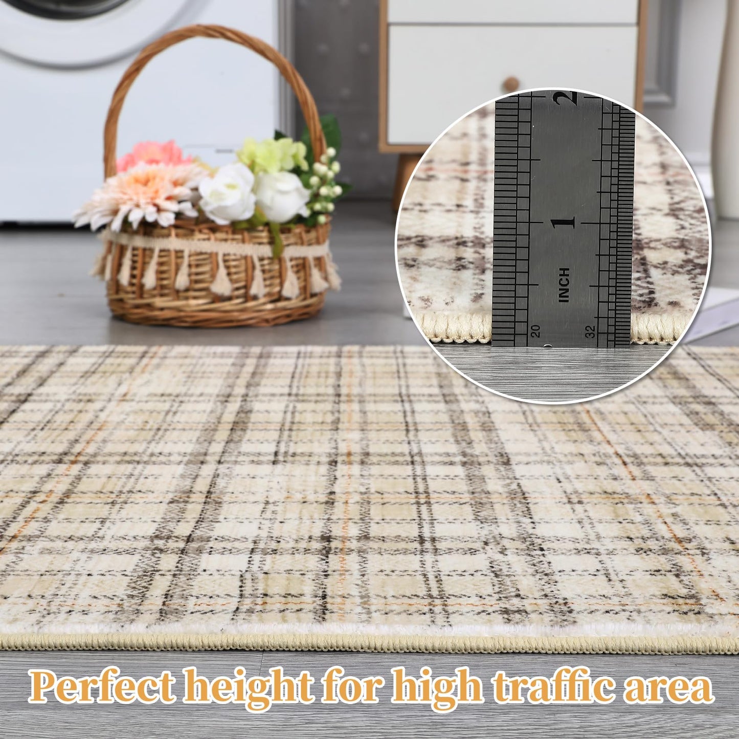 GarveeHome Washable Area Rugs 5x7 Rug for Living Room Modern Plaid Rugs for Bedroom Non Slip Farmhouse Ultra Soft Rugs Non Shedding Stain Resistant Carpet for Nursery Office Beige 5 ft x7 ft