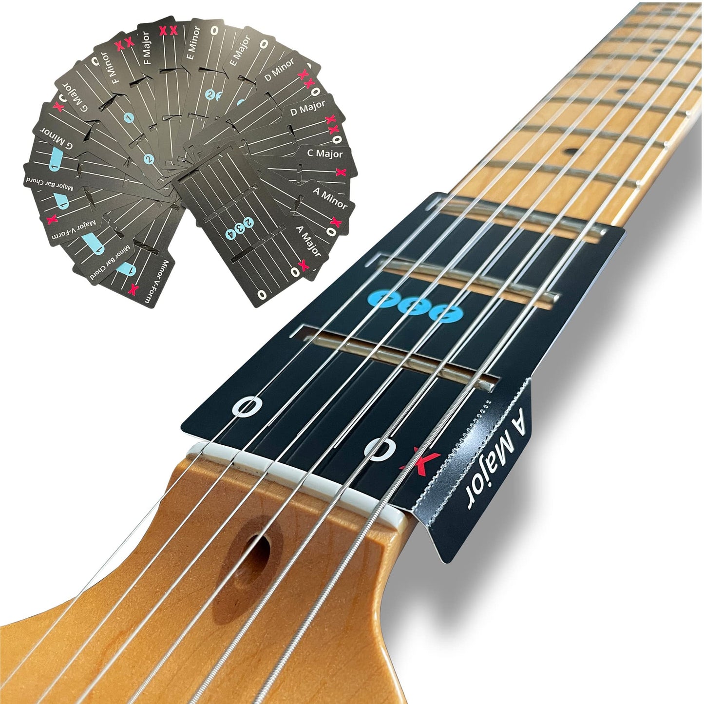 Learn Guitar in Minutes Deluxe Edition with Case Card Chords (Fits All Guitars) GUITAR CHORDS allow you to PLAY the ACOUSTIC or ELECTRIC Guitar while the CARD is on the FRETBOARD Guitar Gift